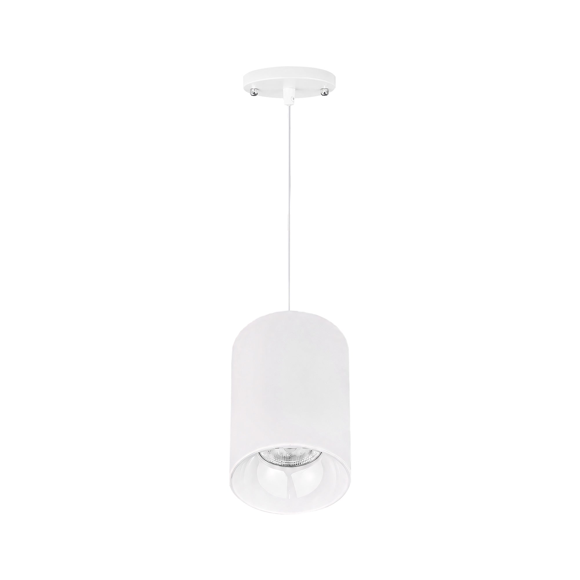 A modern white cylindrical pendant light fixture with a sleek, minimalist design, featuring a white ceiling canopy and a thin suspension cord, shown against a solid white background.