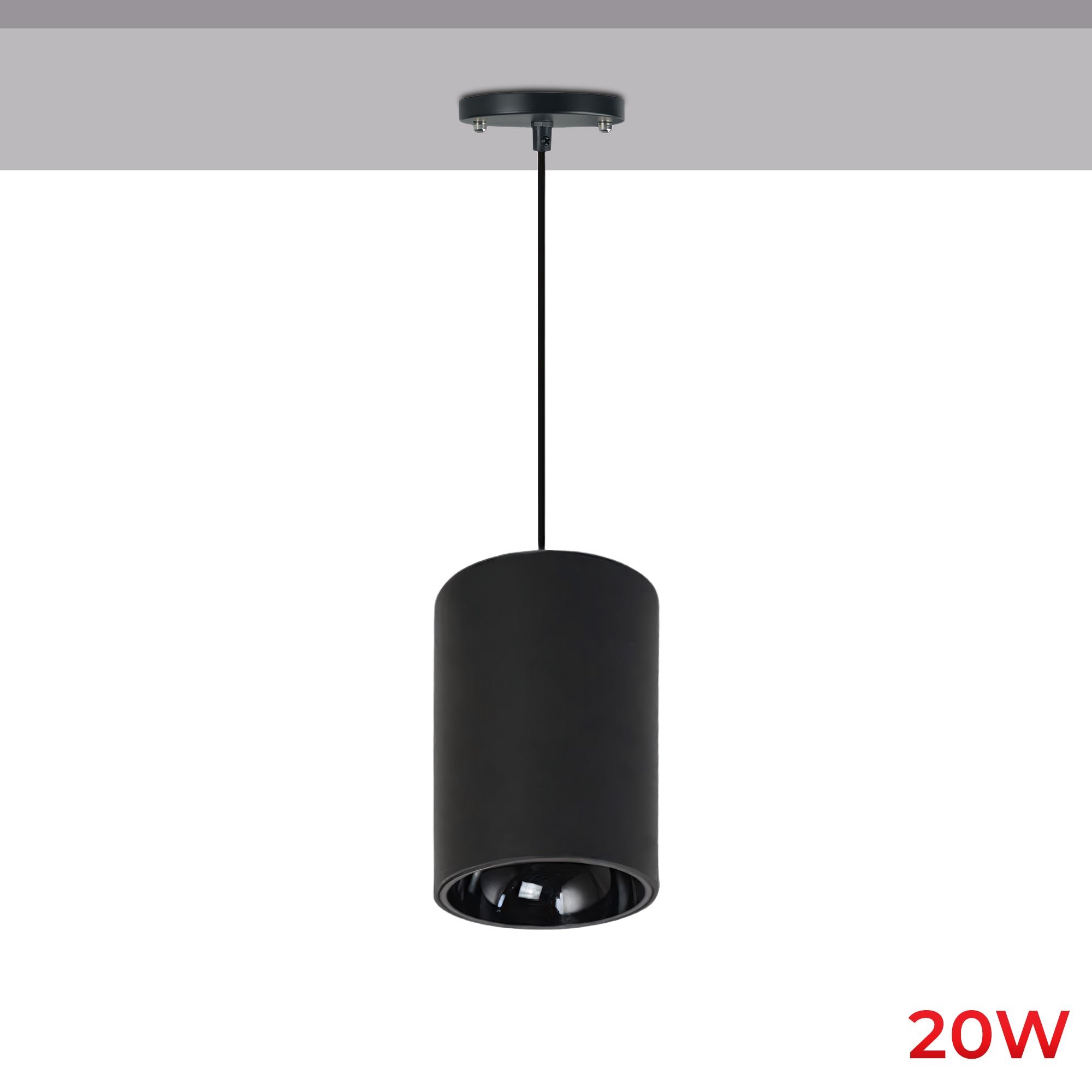 A modern black cylindrical pendant light fixture suspended from a ceiling canopy by a slim cord, shown against a white background with a gray ceiling strip at the top and a red '20W' text overlay in the bottom right.