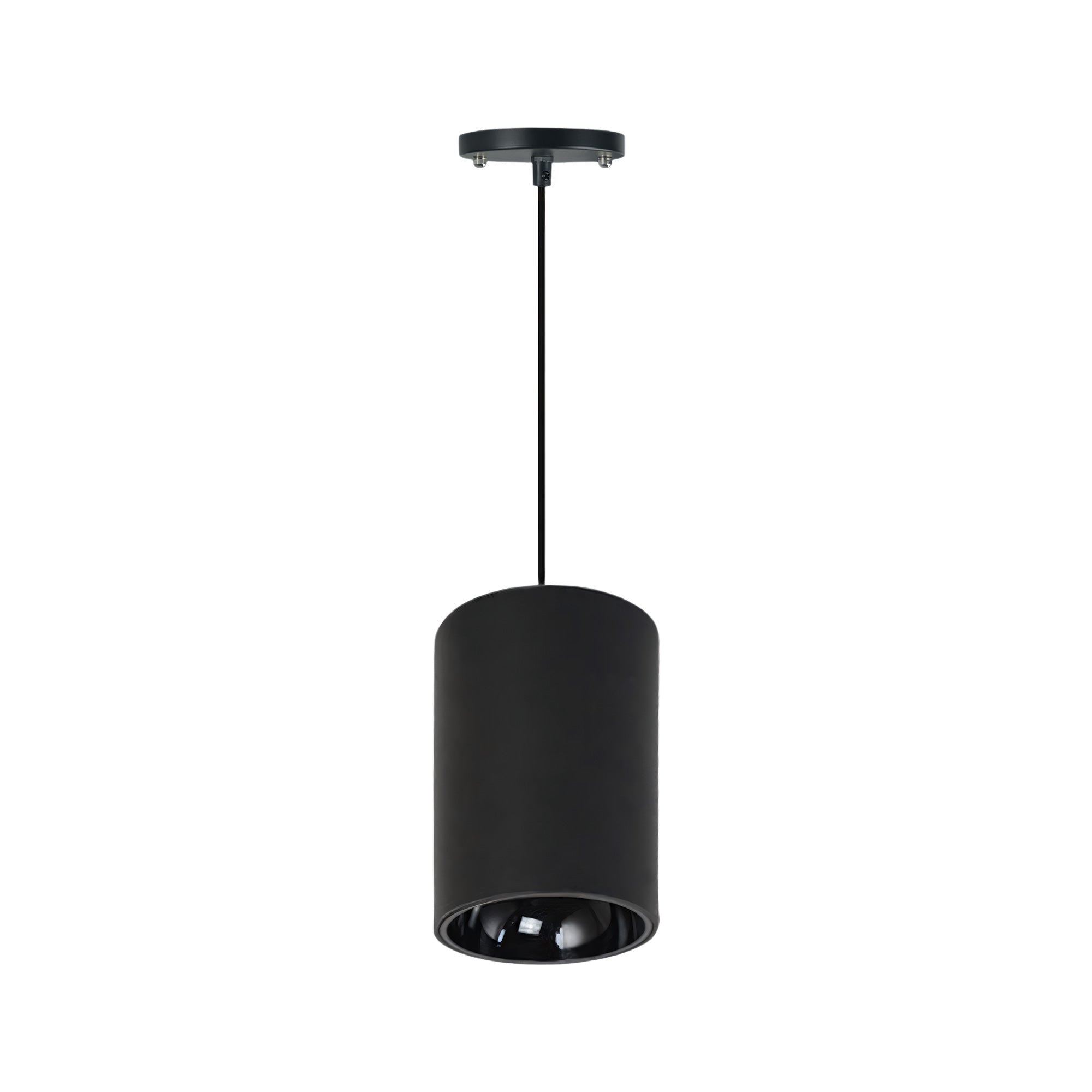 A modern black cylindrical pendant light with a matte finish, suspended by a slim black cord from a matching circular ceiling canopy, shown against a plain white background.