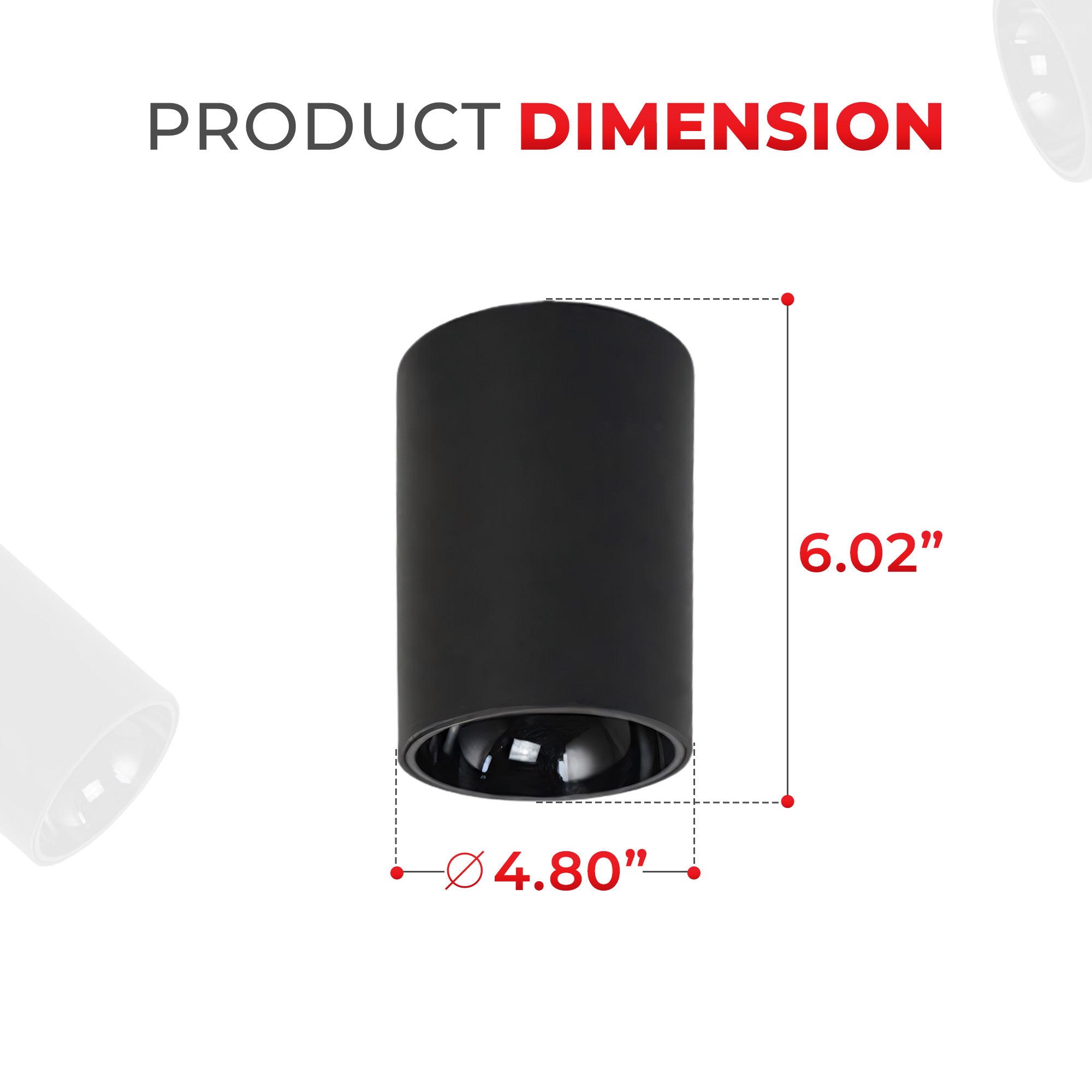 A black cylindrical ceiling light fixture shown with dimension annotations reading 6.02 inches height and 4.