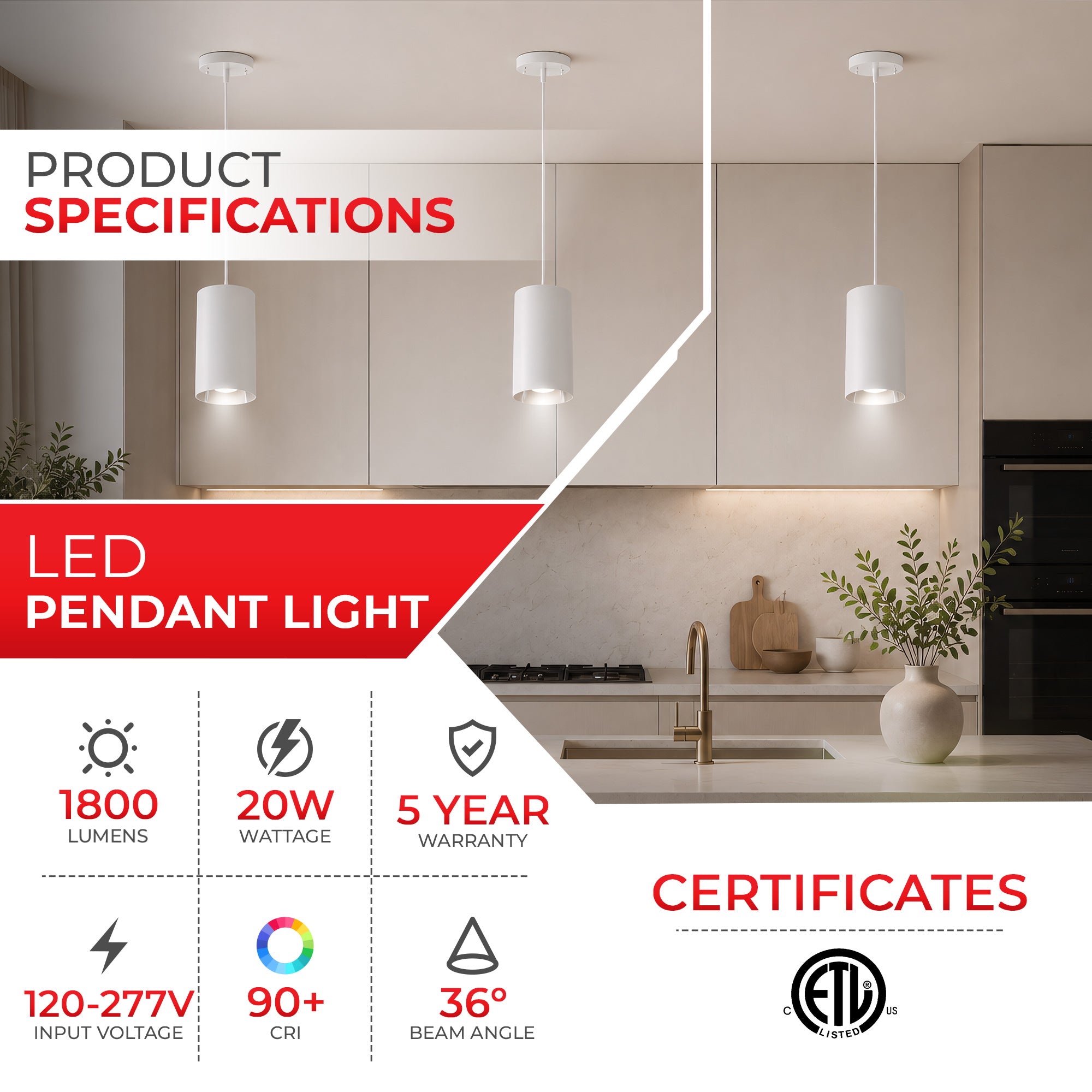 LED pendant light product information graphic showing a modern kitchen with three white cylindrical pendant lights, alongside specifications including 1800 lumens, 20W wattage, 5-year warranty, 120-277V input, 90+ CRI, 36° beam angle, and an ETL certificate.