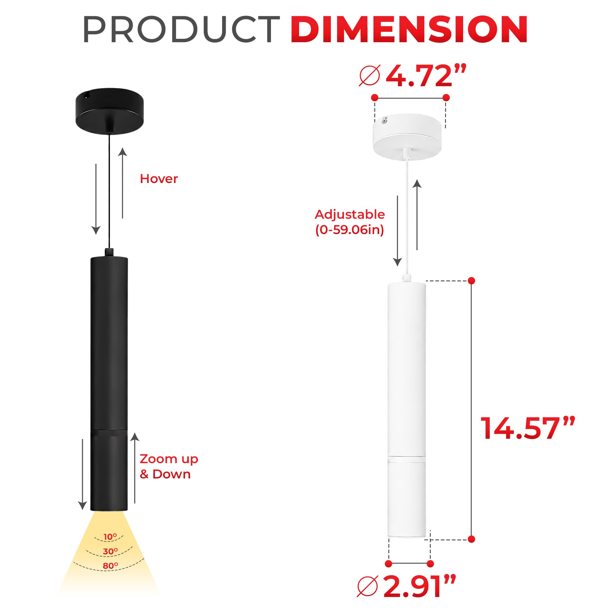 30W Adjustable Beam LED Pendant Light — 8°–80° Zoom, 5CCT Selectable (2700K–5000K), 2600lm, Height-Adjustable, TRIAC Dimmable, ETL Listed