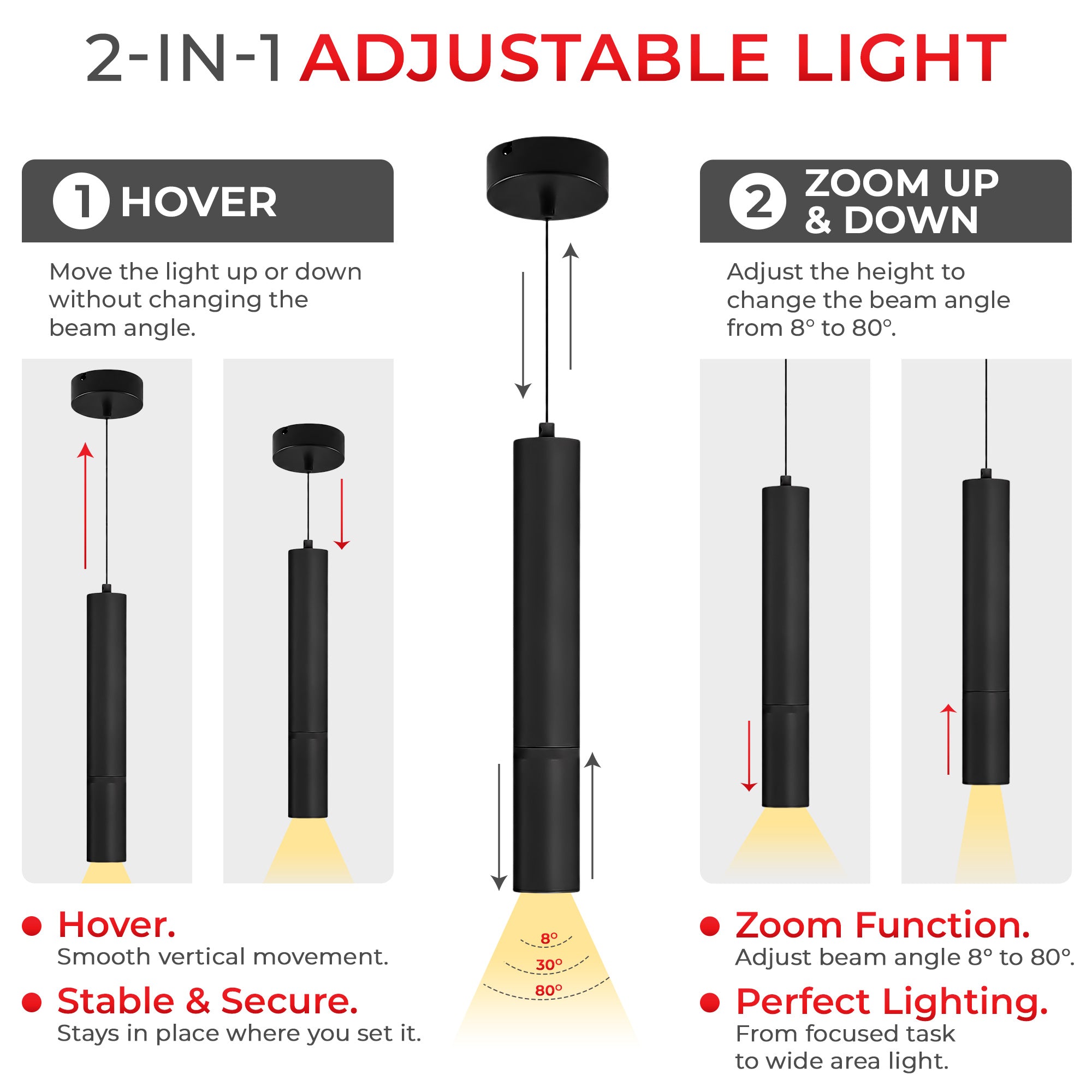 30W Adjustable Beam LED Pendant Light — 8°–80° Zoom, 5CCT Selectable (2700K–5000K), 2600lm, Height-Adjustable, TRIAC Dimmable, ETL Listed