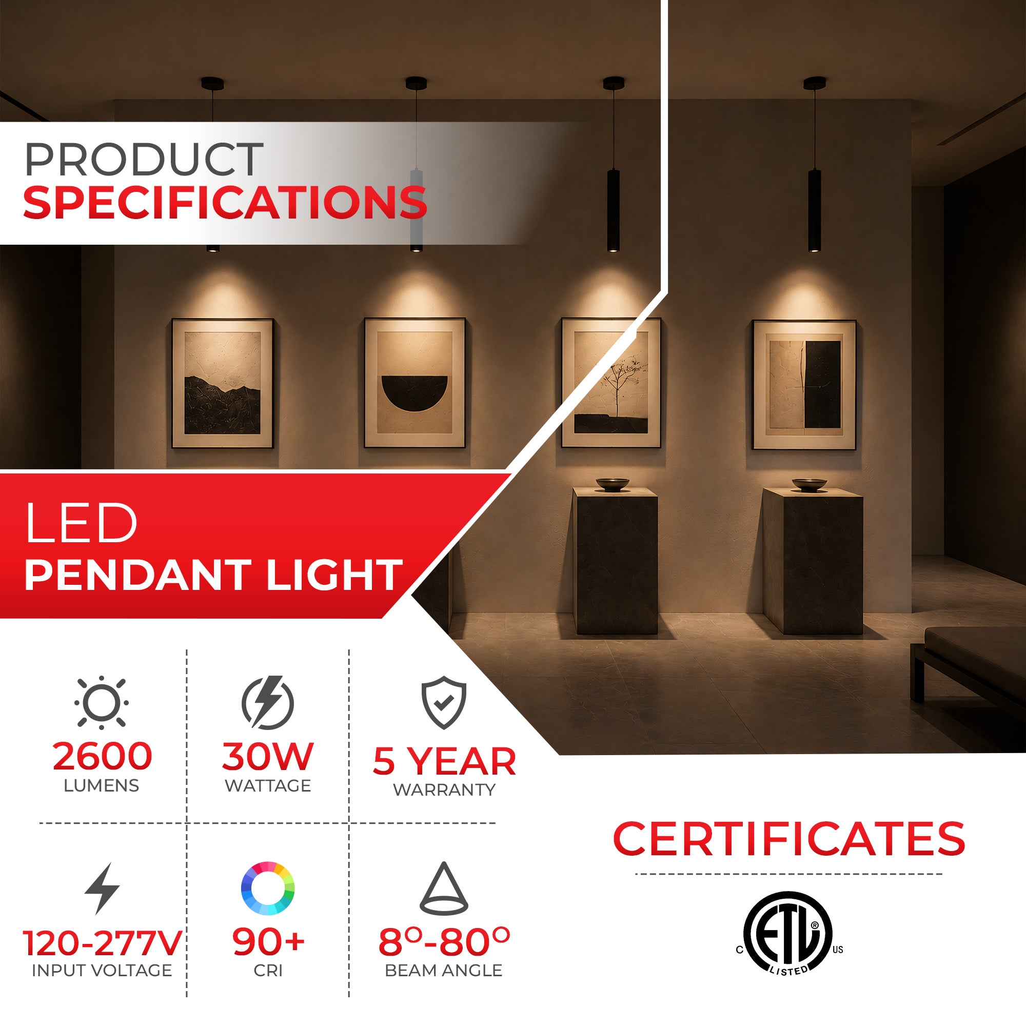 30W Adjustable Beam LED Pendant Light — 8°–80° Zoom, 5CCT Selectable (2700K–5000K), 2600lm, Height-Adjustable, TRIAC Dimmable, ETL Listed