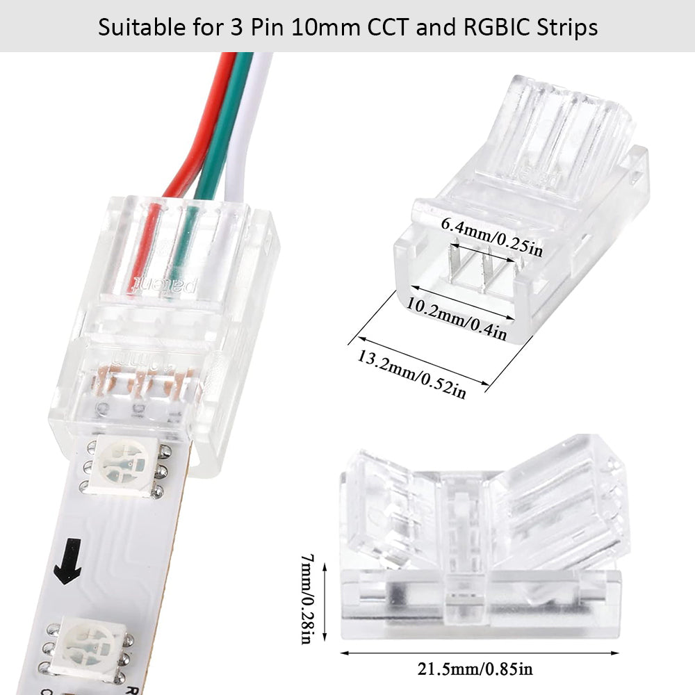 Solderless Clamp-On Connector for SMD CCT 3 Pin LED Strips - 10mm - IP20/IP65 - Clear Crystal Housing