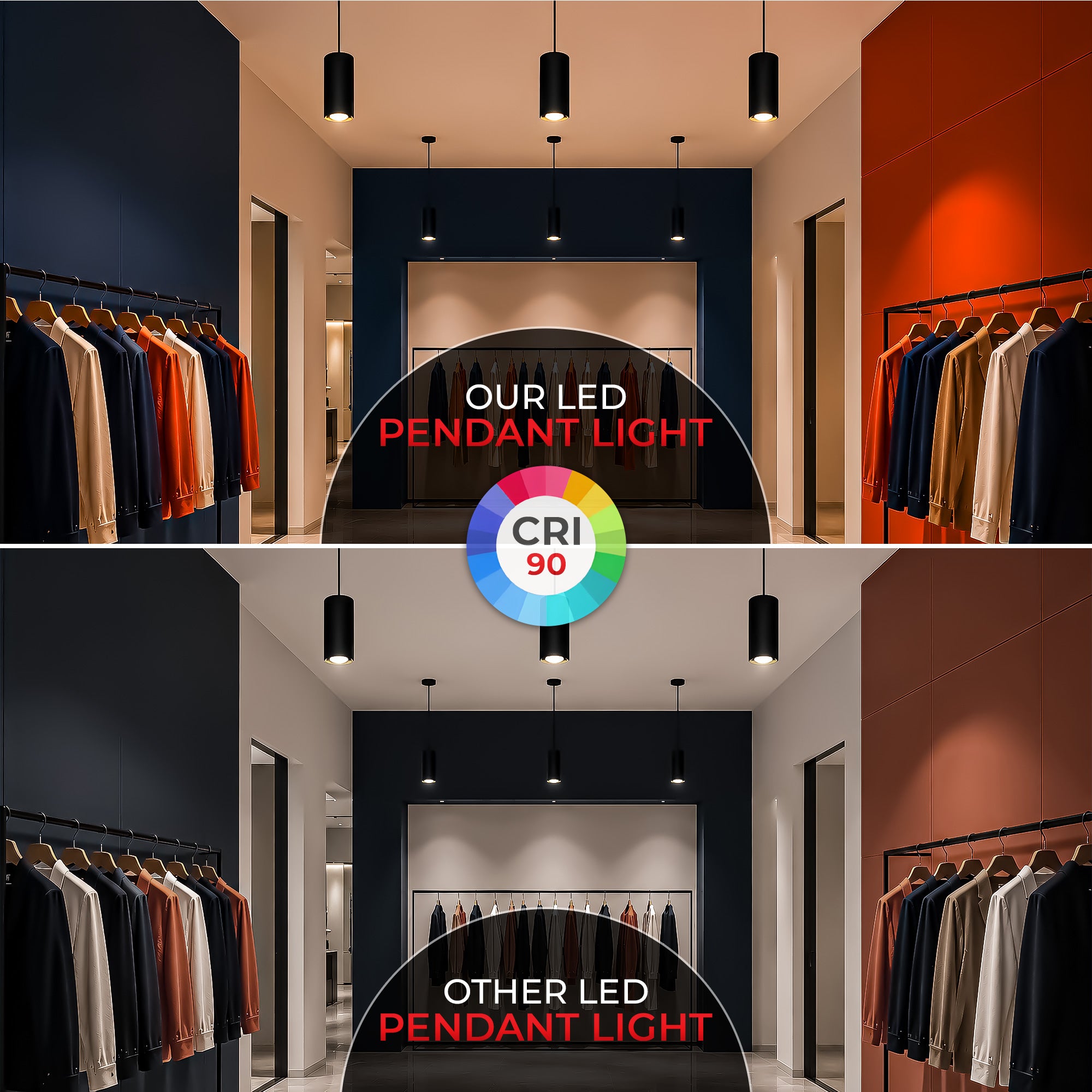 A comparison graphic showing three views of a clothing store interior under different LED pendant light color temperatures. The top and bottom panels show the store with warm and cool lighting respectively, and a central circular badge reads 'OUR LED PENDANT LIGHT CRI 90'.