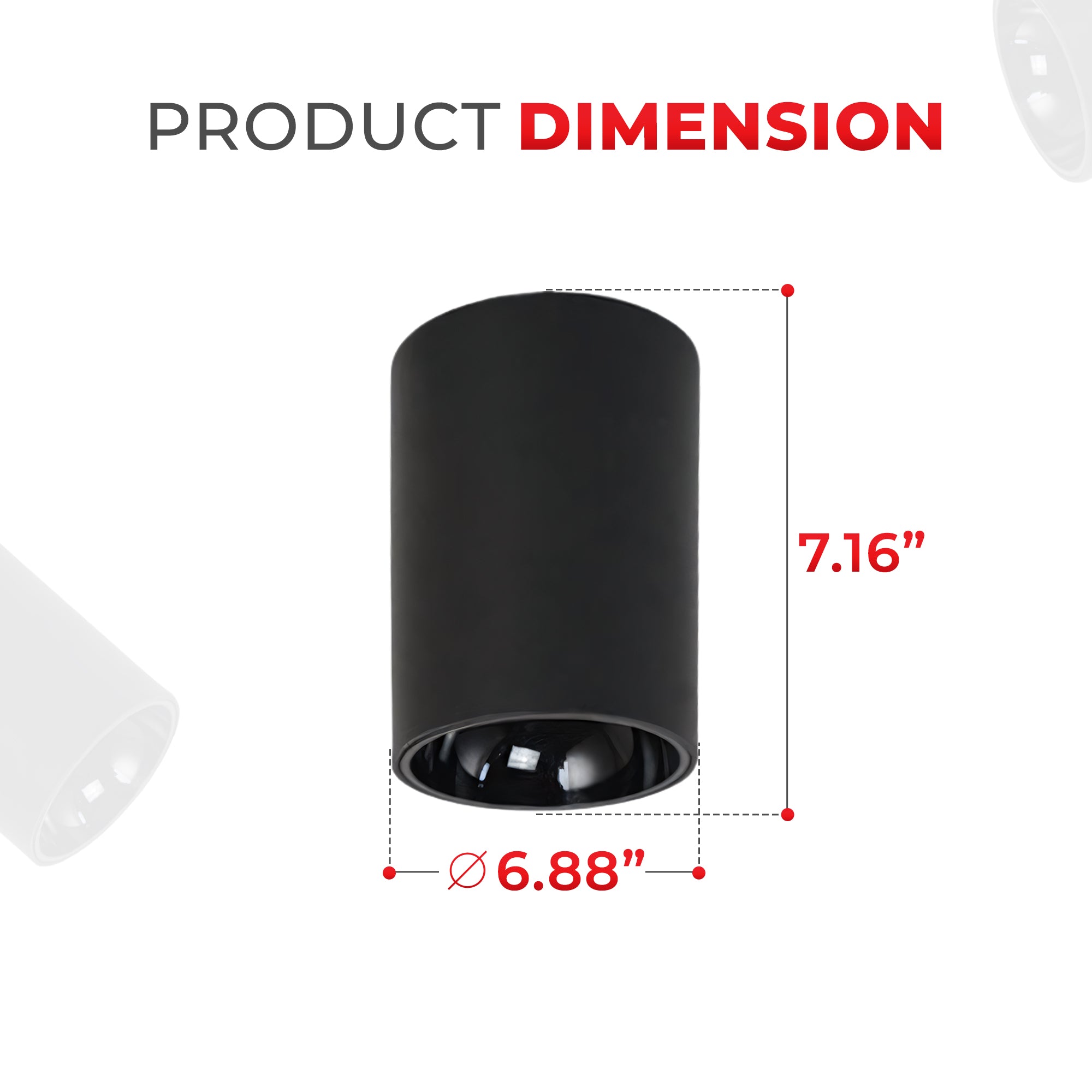 A black cylindrical ceiling light fixture shown with dimension annotations reading 7.16 inches height and 6.
