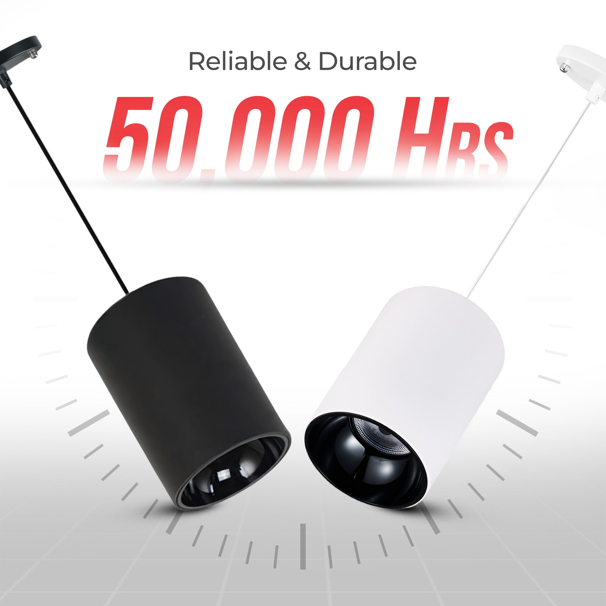 Two cylindrical pendant light fixtures, one black and one white, shown on a light gray background with promotional text reading 'Reliable & Durable 50,000 Hrs'.