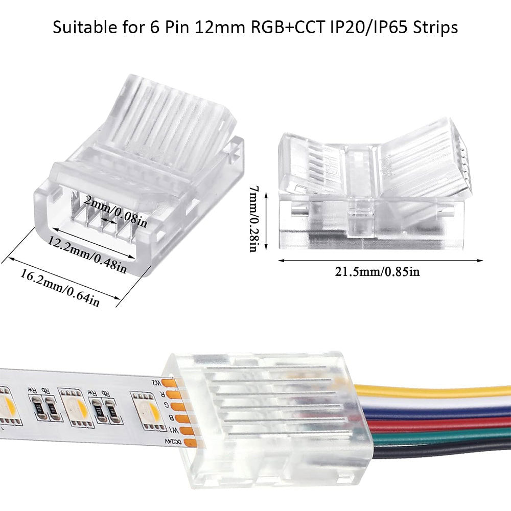 Solderless Clamp-On Connector for SMD RGB+CCT LED Strips - 12mm - IP20/IP65 - Clear Crystal Housing