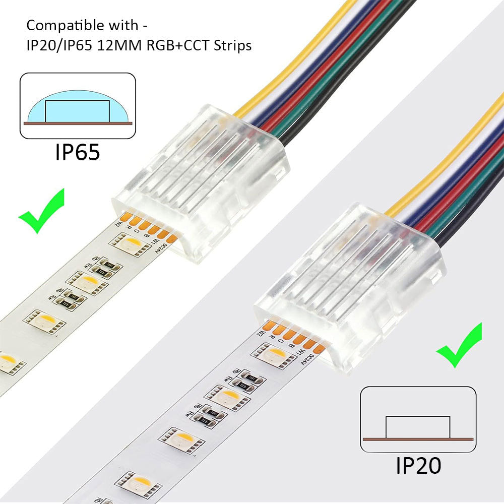 Solderless Clamp-On Connector for SMD RGB+CCT LED Strips - 12mm - IP20/IP65 - Clear Crystal Housing