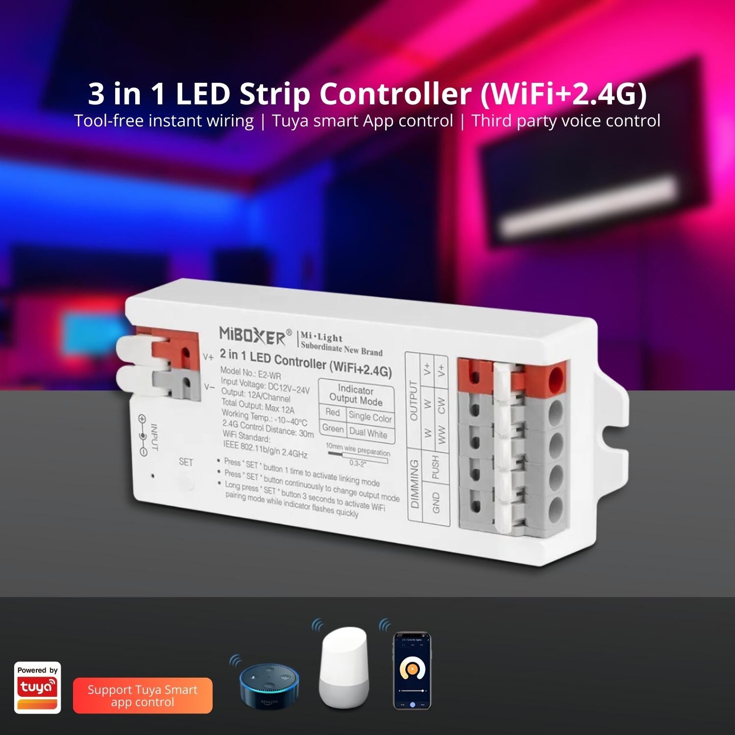MiBoxer 3 in 1 LED Strip Controller (WiFi+2.4G) - E3-WR - Tuya Smart App - Google & Alexa
