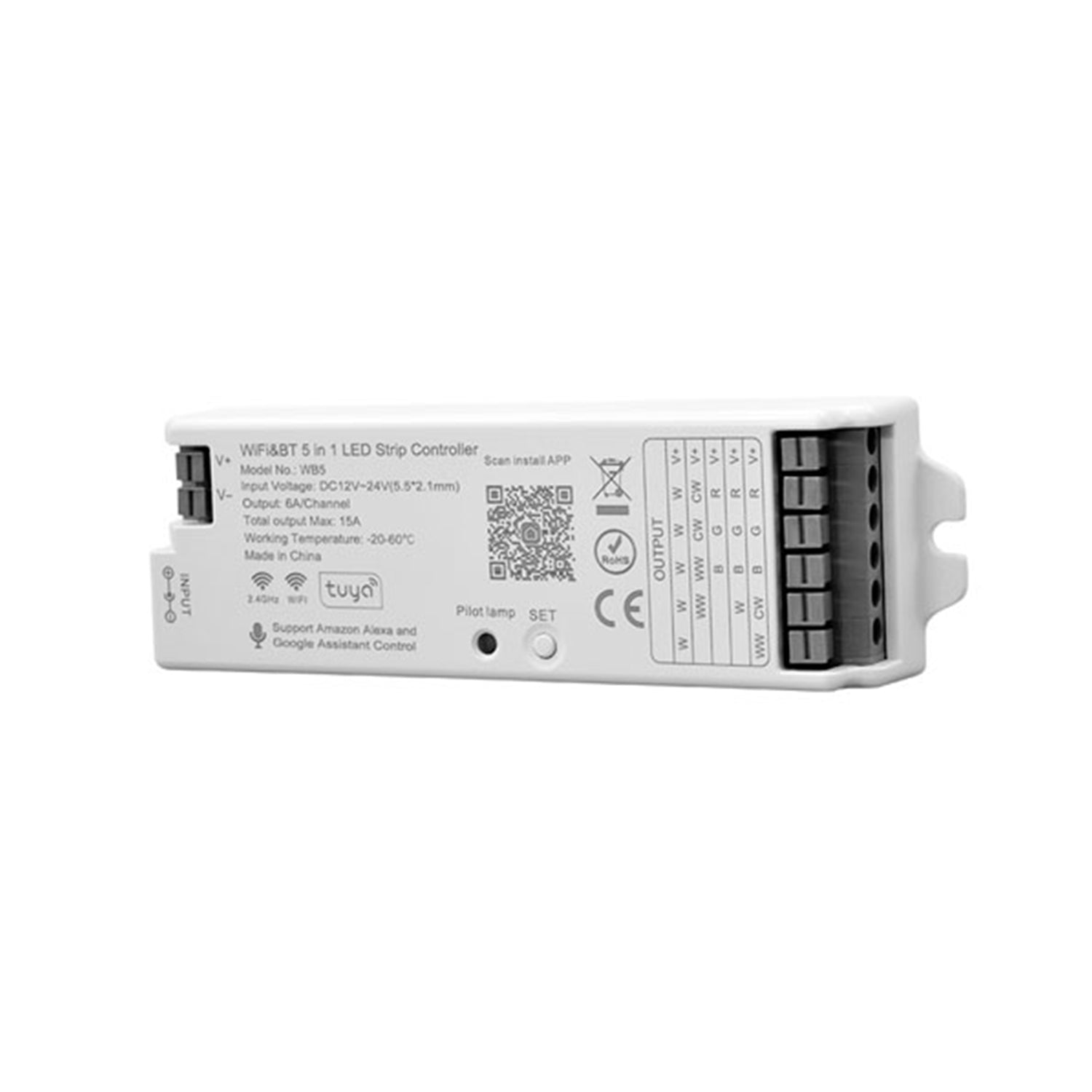 Wifi & Bluetooth 5-in-1 - RGBCCT 12V-24V LED Controller - 2.4GHz - WB5 - Tuya Smart Home App