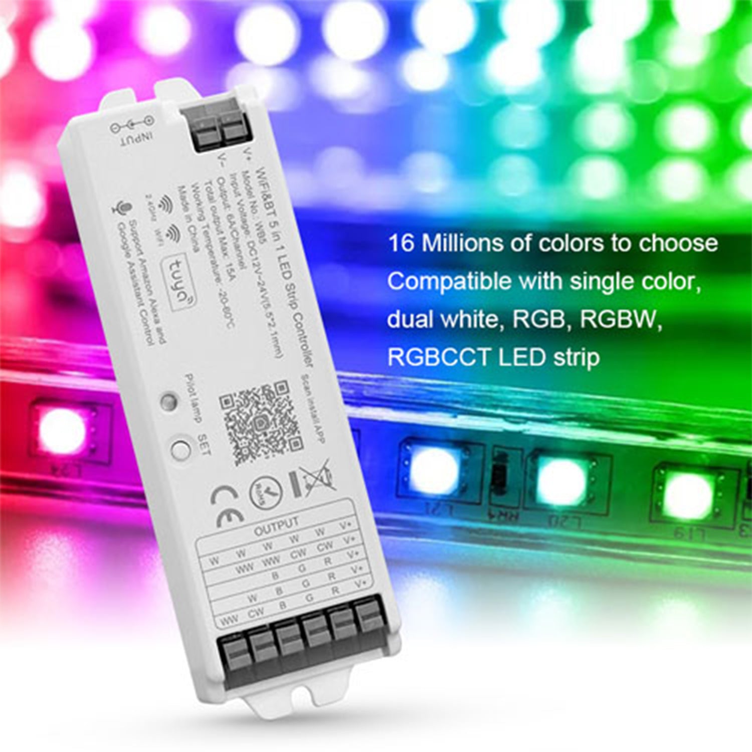 Wifi & Bluetooth 5-in-1 - RGBCCT 12V-24V LED Controller - 2.4GHz - WB5 - Tuya Smart Home App