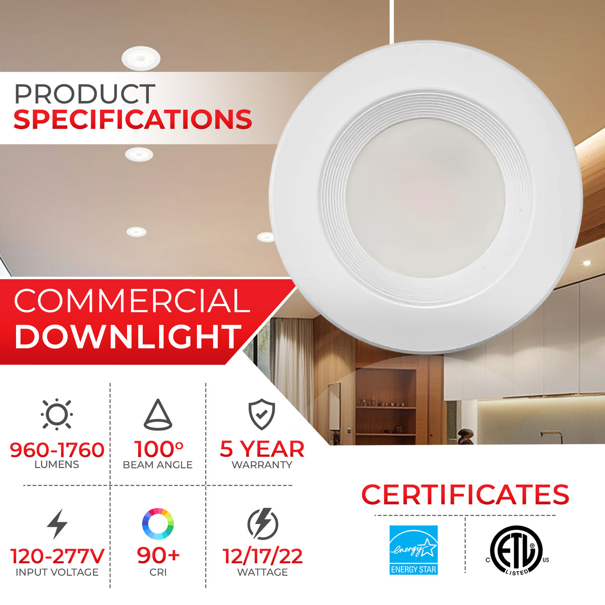 6" Commercial Downlight - 12/17/22W - 5CCT - Baffle Trim - ETL & ES Certified