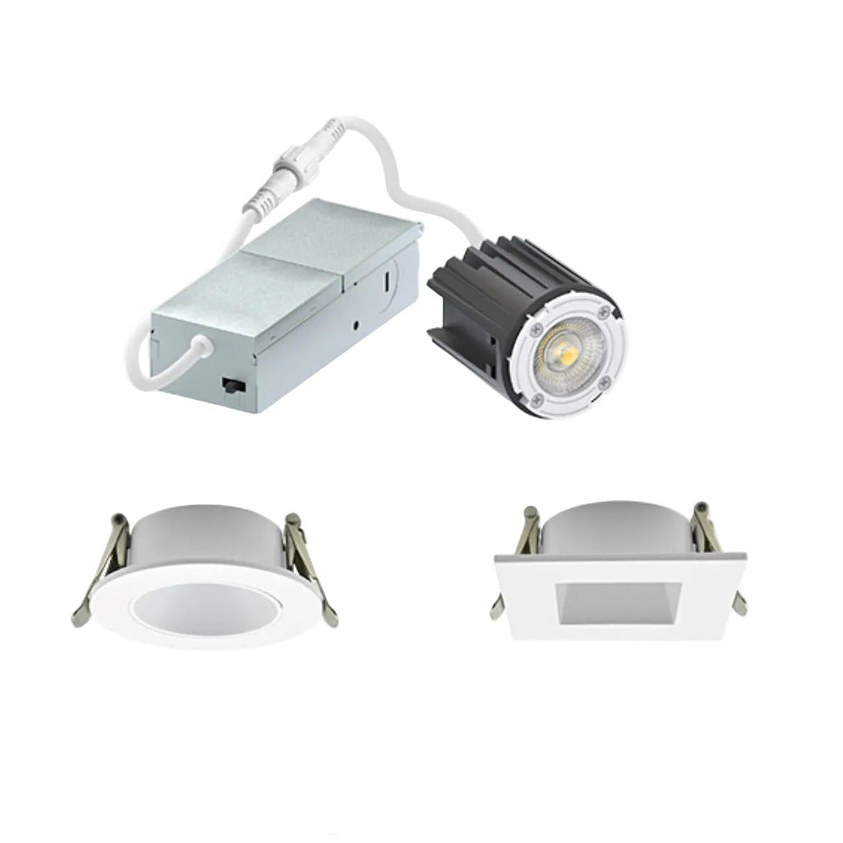 Set of LED downlights with Intertek, SCLT, and Dimmable logos on a white background