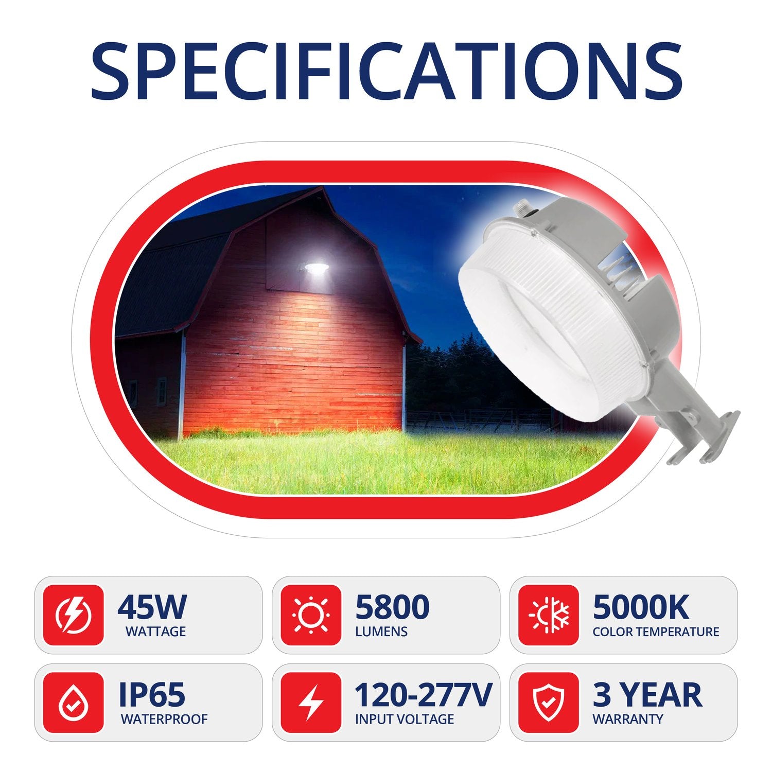 45W Dusk to Dawn Barn Light – Bright Illumination for Enhanced Security - 5000K