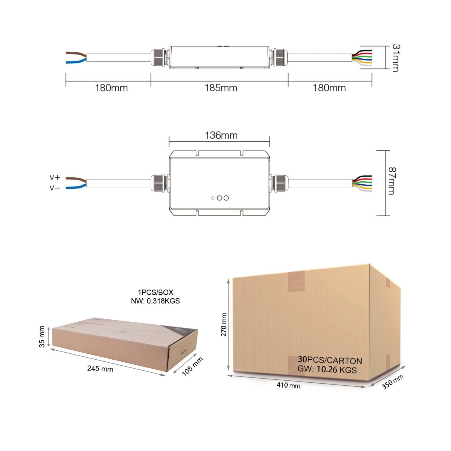 WL5-WP Waterproof 5 in 1 LED Strip Controller (WiFi+2.4GHz) Upgraded