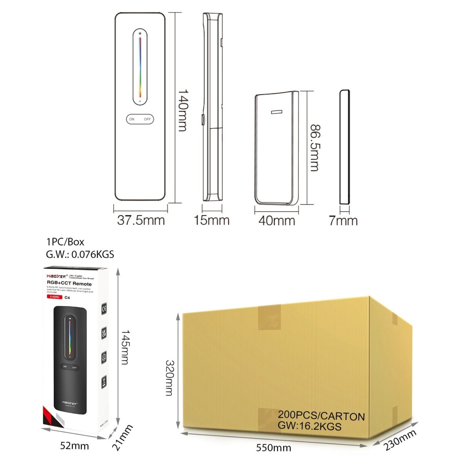 C4 RGB+CCT Remote - 2.4GHz Wireless - 30m Control Range | MiBoxer/Mi-Light Compatible