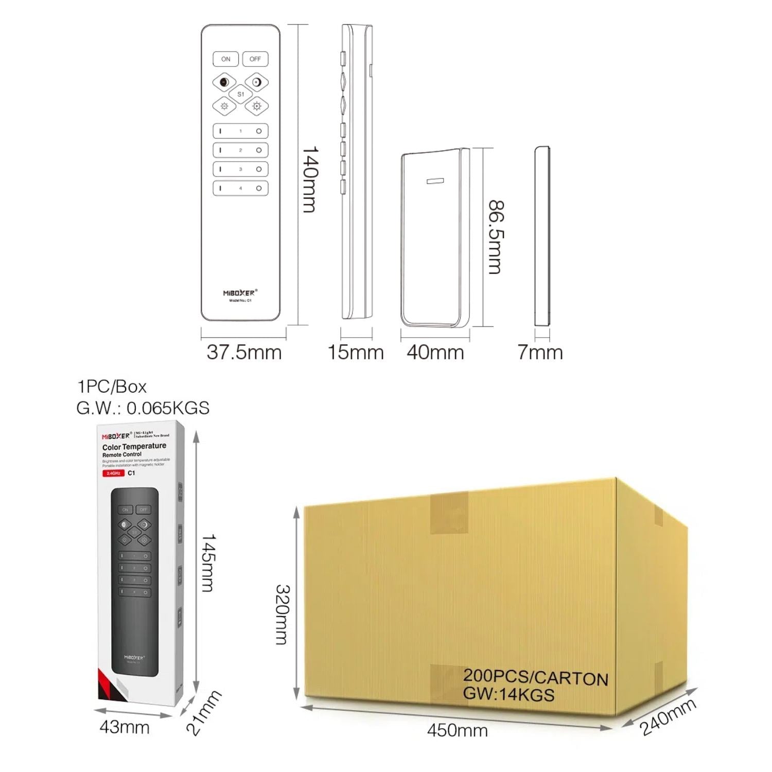 C1 4-Zone Color Temperature Remote – 2.4GHz RF – Adjustable Brightness & CCT – MiBoxer Compatible