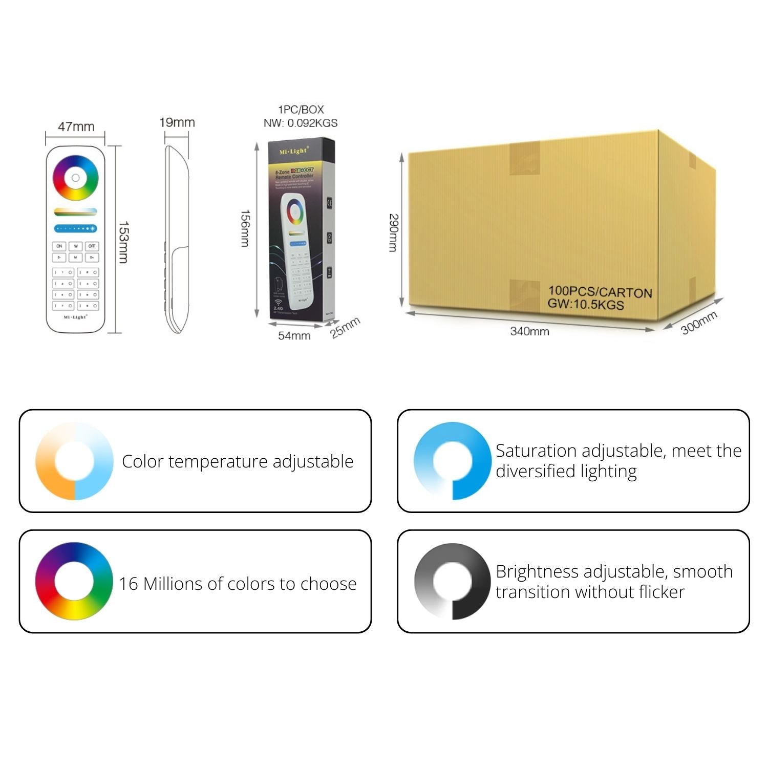 MiBoxer FUT089-B 8-Zone RGB+CCT Full Touch Remote - 2.4G RF