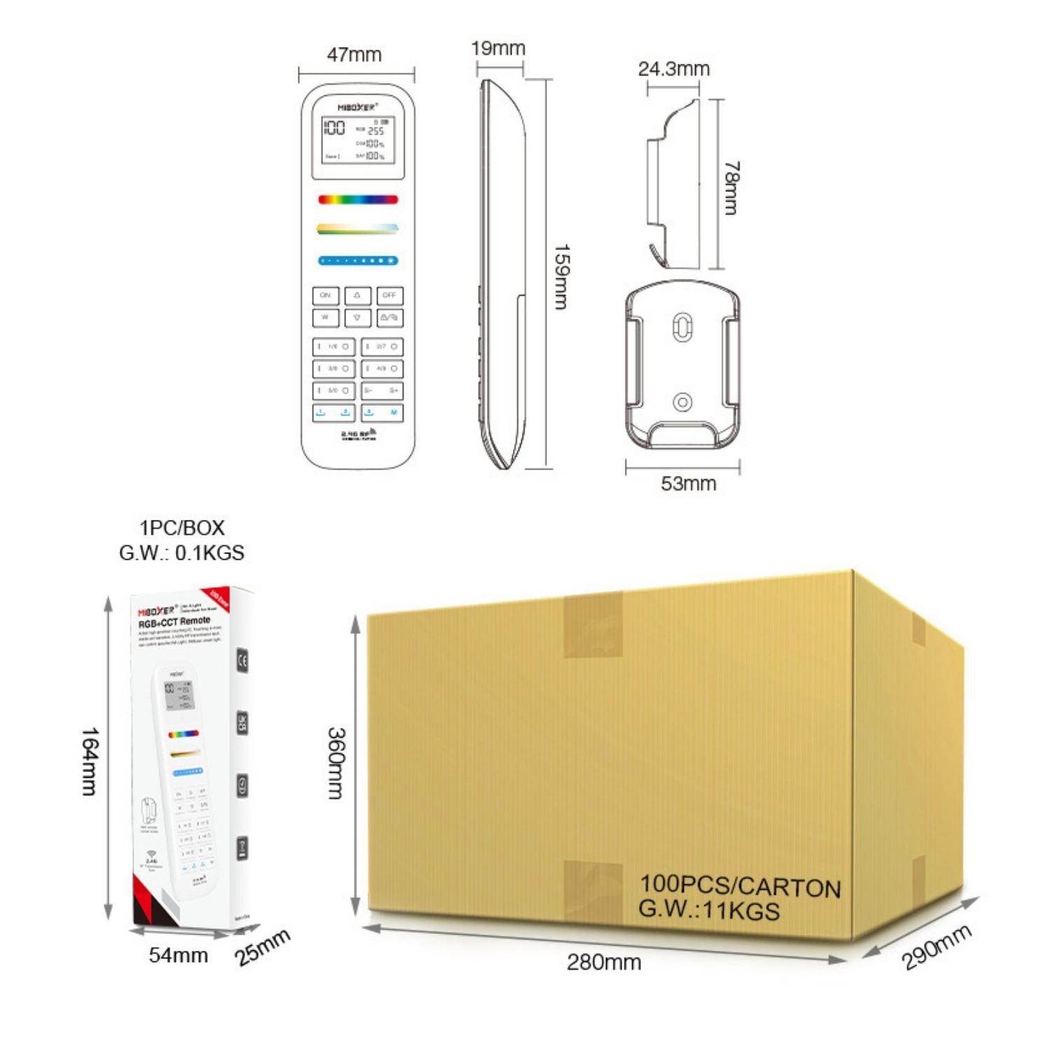 FUT100 100-Zone RGB+CCT Remote – 2.4GHz Wireless Control, Multi-Zone Compatibility, Color Memory & Child Lock