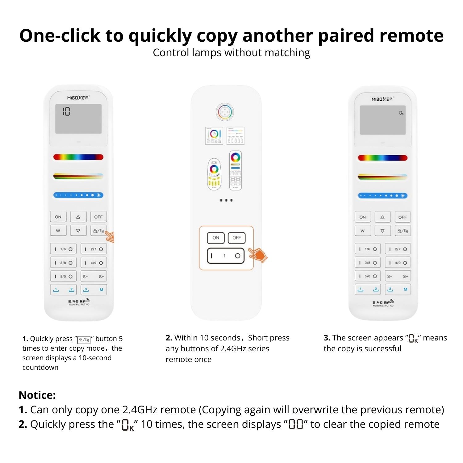 FUT100 100-Zone RGB+CCT Remote – 2.4GHz Wireless Control, Multi-Zone Compatibility, Color Memory & Child Lock