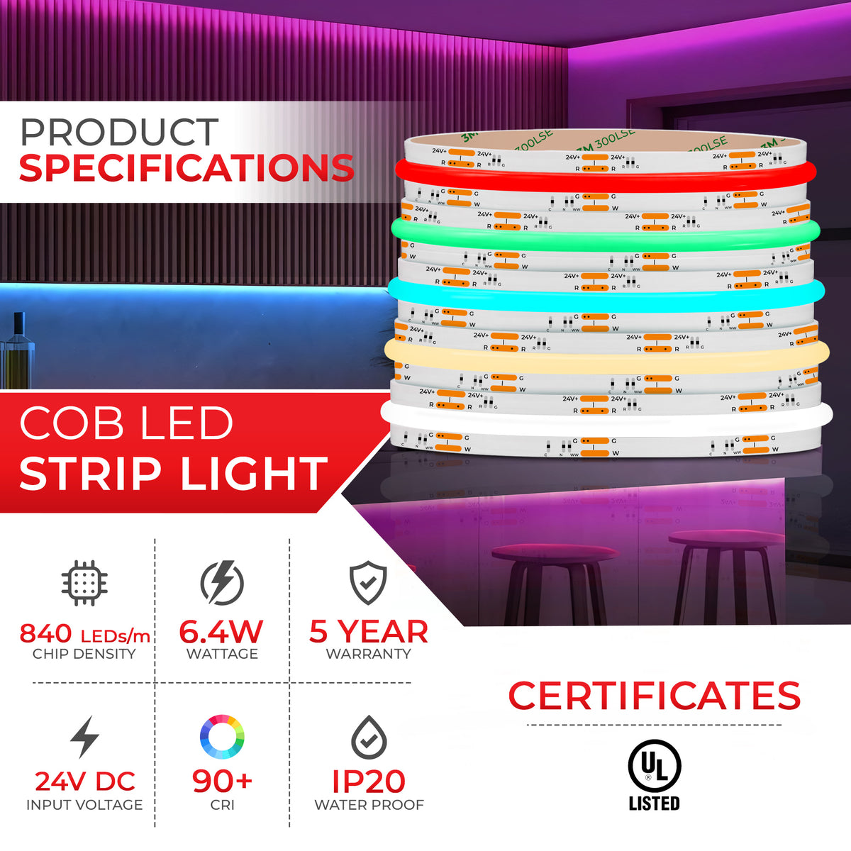 Full Spectrum 24V RGB+CCT DotFree COB Light IP20 - UL Listed