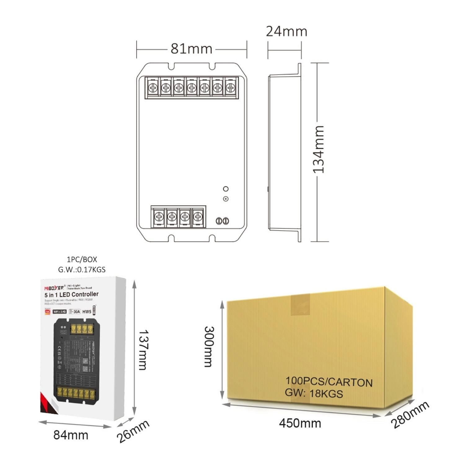 HW5 5 in 1 LED Controller (WiFi+2.4G) Output Max 30A - Single Color, Dual white, RGB, RGBW, RGB+CCT