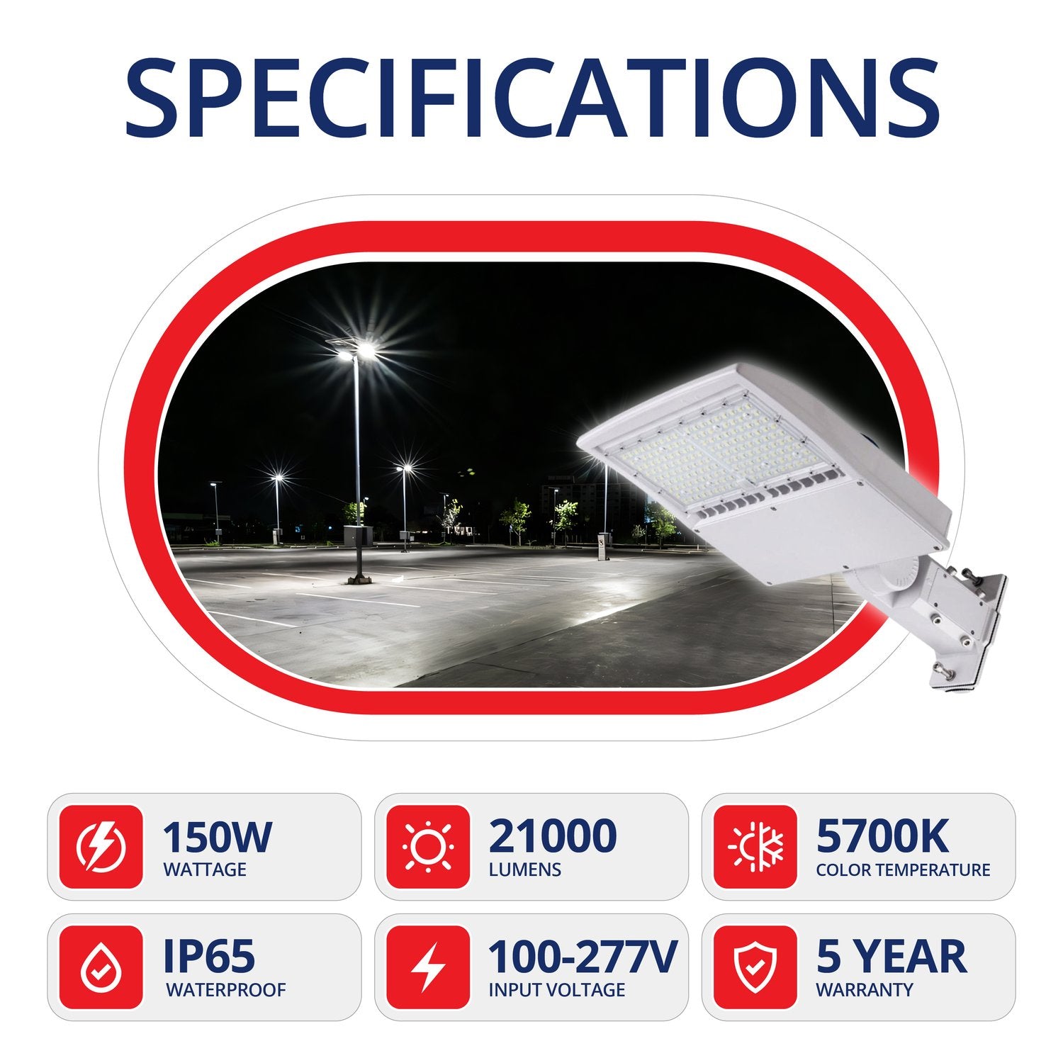 150W White Shoebox Area Light for Parking Lot - 5700K UL DLC Listed