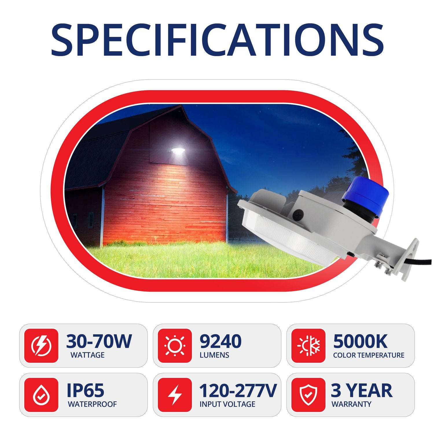 70W LED Barn Light - CCT Selectable 5000K - IP65 | AC 120-277V | TS-BL02-70K-50W
