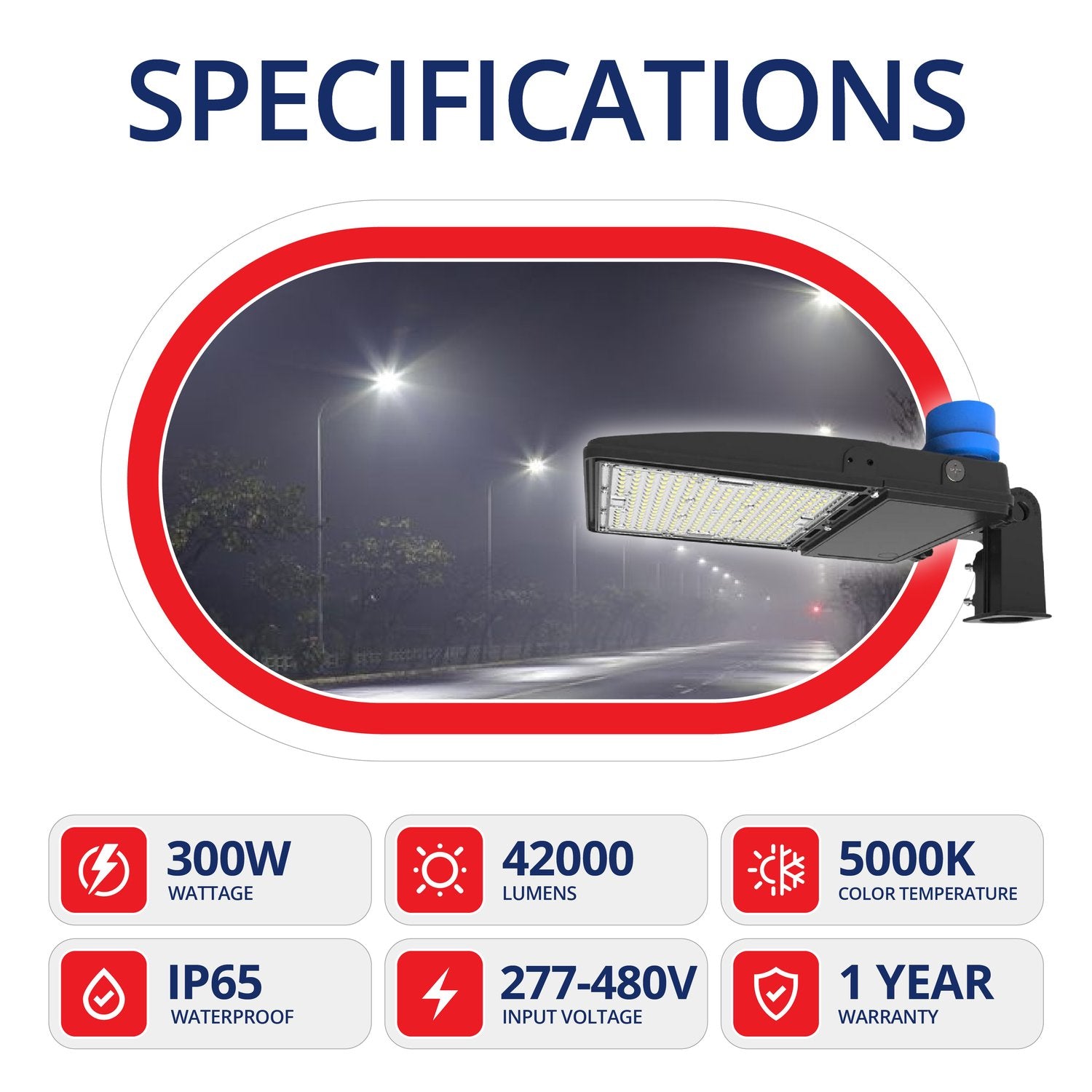 300W Shoebox Street Light with Photocell, 277V-480VAC, Slip Fitter Mount, 5000K, Black, UL Listed