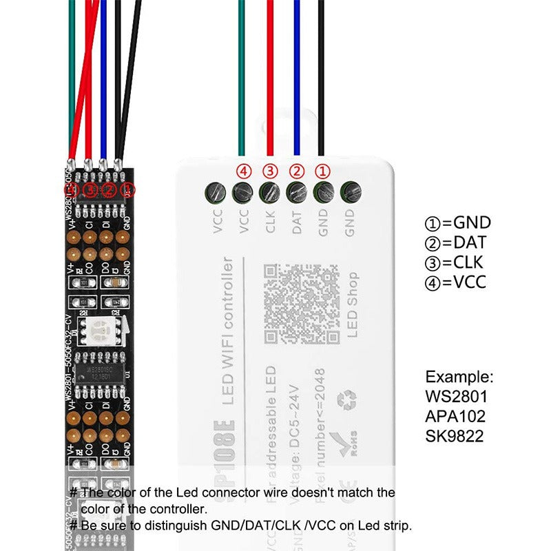 SP108E WiFi LED Addressable RGB Controller – 5V-24V – 2048 Pixels Max – Mobile App Control – Adjustable Brightness & Speed