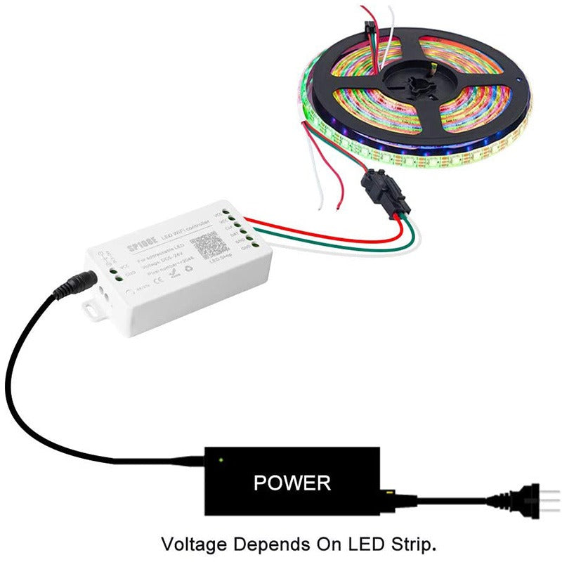 SP108E WiFi LED Addressable RGB Controller – 5V-24V – 2048 Pixels Max – Mobile App Control – Adjustable Brightness & Speed