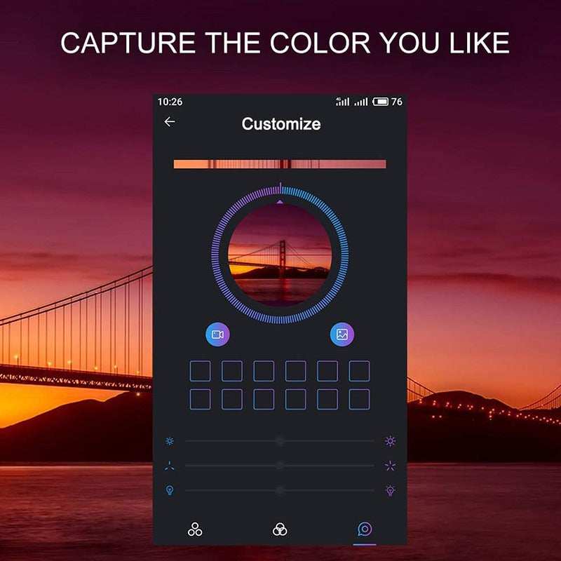 Phone screen with color customization app overlay against a sunset over a bridge background