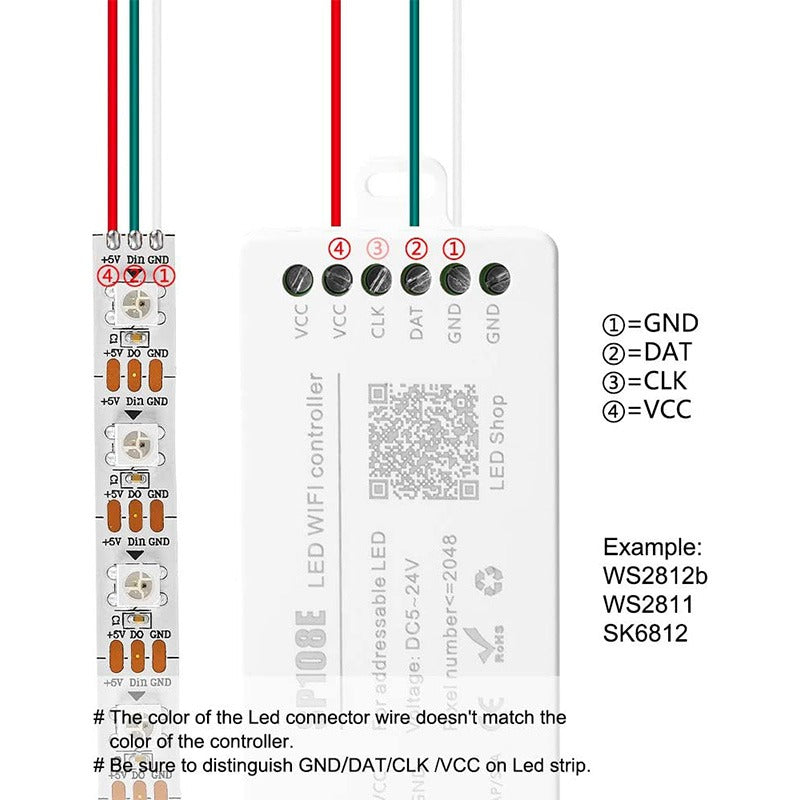 SP108E WiFi LED Addressable RGB Controller – 5V-24V – 2048 Pixels Max – Mobile App Control – Adjustable Brightness & Speed