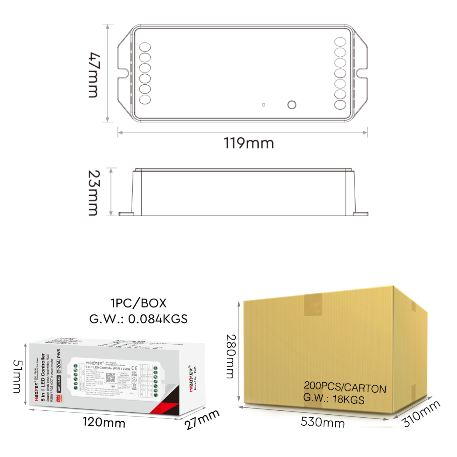 PW5 High-Current 5-in-1 Smart Controller | WiFi + Bluetooth | 20A Output