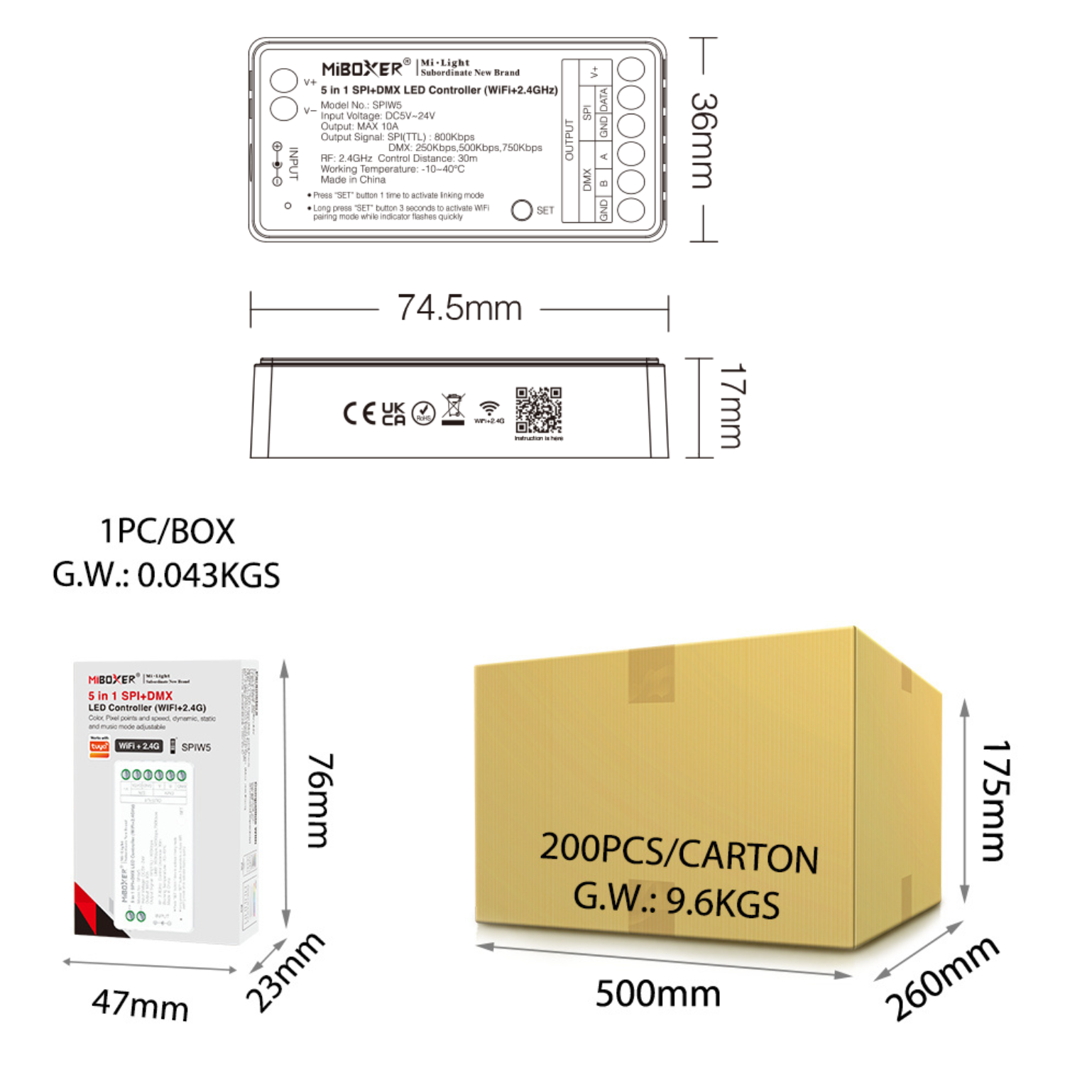 SPIW5 5-in-1 Smart Addressable LED Controller | WiFi + DMX/SPI | Tuya App Compatible
