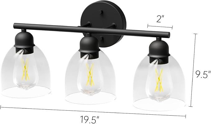 Matte Black 3-Light Vanity Light - Clear Glass Shades, Bathroom Lighting, Decor Lighting | AM80016MB