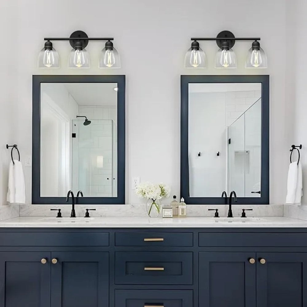 Matte Black 3-Light Vanity Light - Clear Glass Shades, Bathroom Lighting, Decor Lighting | AM80016MB