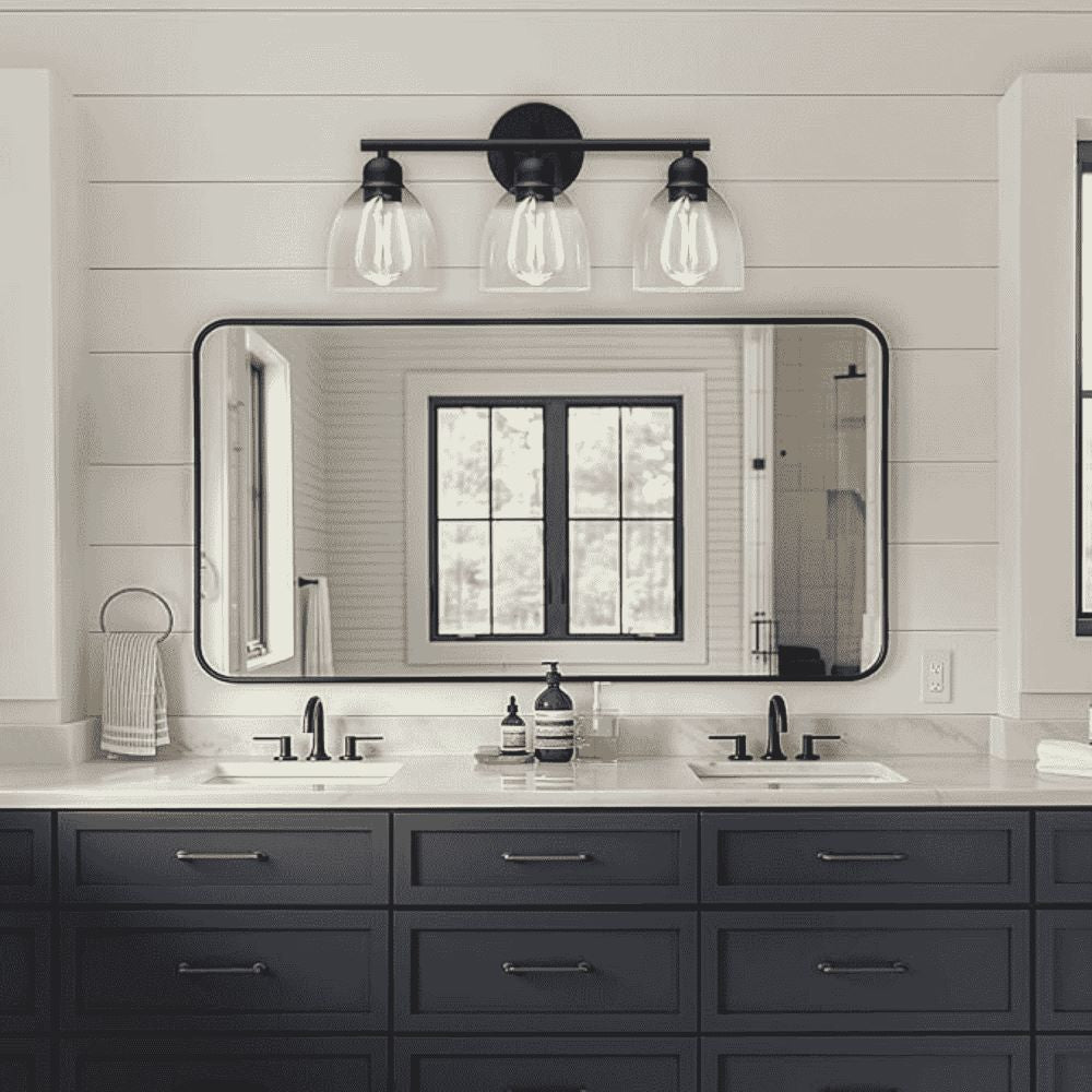 Matte Black 3-Light Vanity Light - Clear Glass Shades, Bathroom Lighting, Decor Lighting | AM80016MB