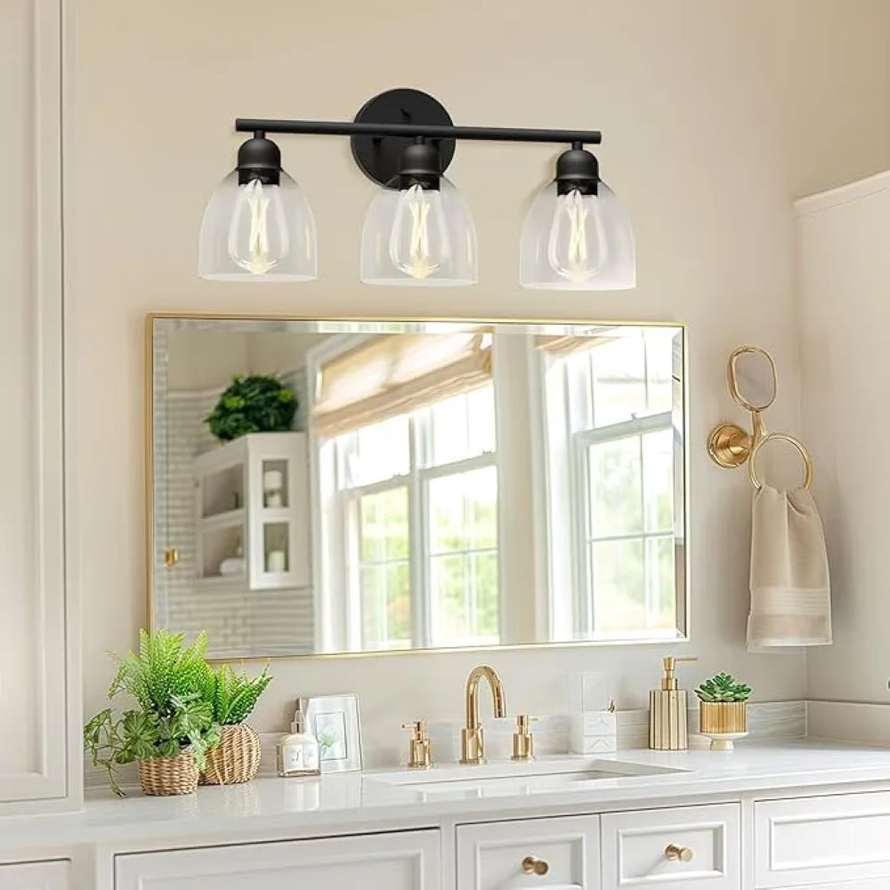 Matte Black 3-Light Vanity Light - Clear Glass Shades, Bathroom Lighting, Decor Lighting | AM80016MB