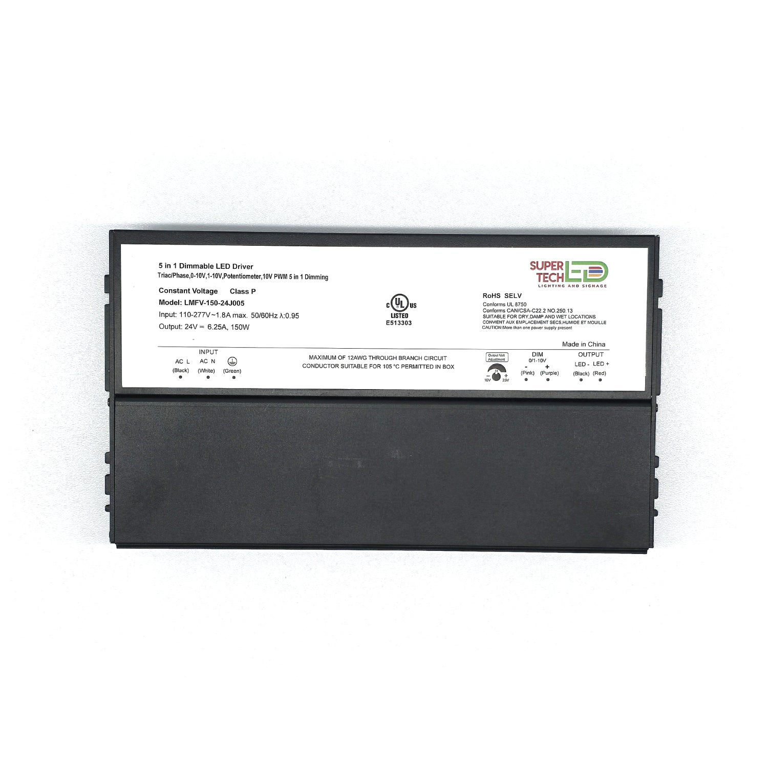 200W 5-in-1 Junction Box Dimmable LED Driver | 12V or 24V DC | Triac / 0-10V / 1-10V / PWM / Potentiometer | 110–277V | UL Listed