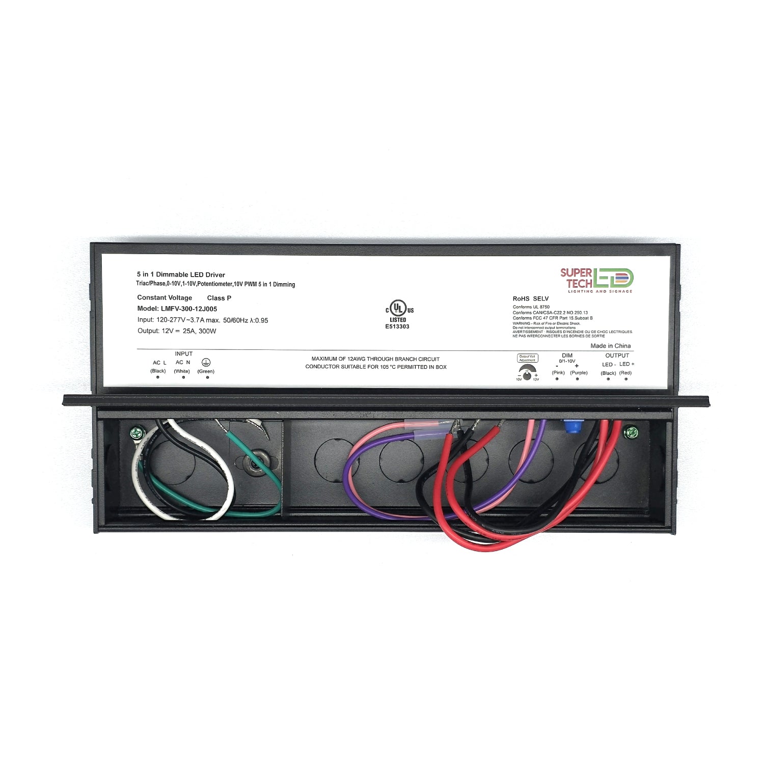 300W 5-in-1 Dimmable LED Driver | Triac, 0-10V, PWM, Potentiometer | 120–277V | UL Listed | 12V 25A / 24V 12.5A – LMFV-300-J005