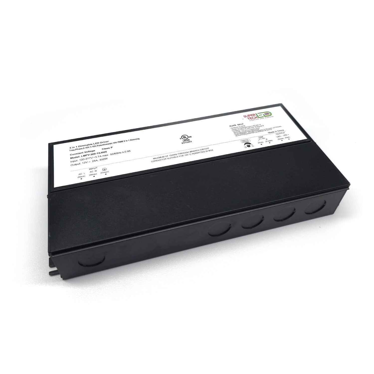 300W 5-in-1 Dimmable LED Driver | Triac, 0-10V, PWM, Potentiometer | 120–277V | UL Listed | 12V 25A / 24V 12.5A – LMFV-300-J005