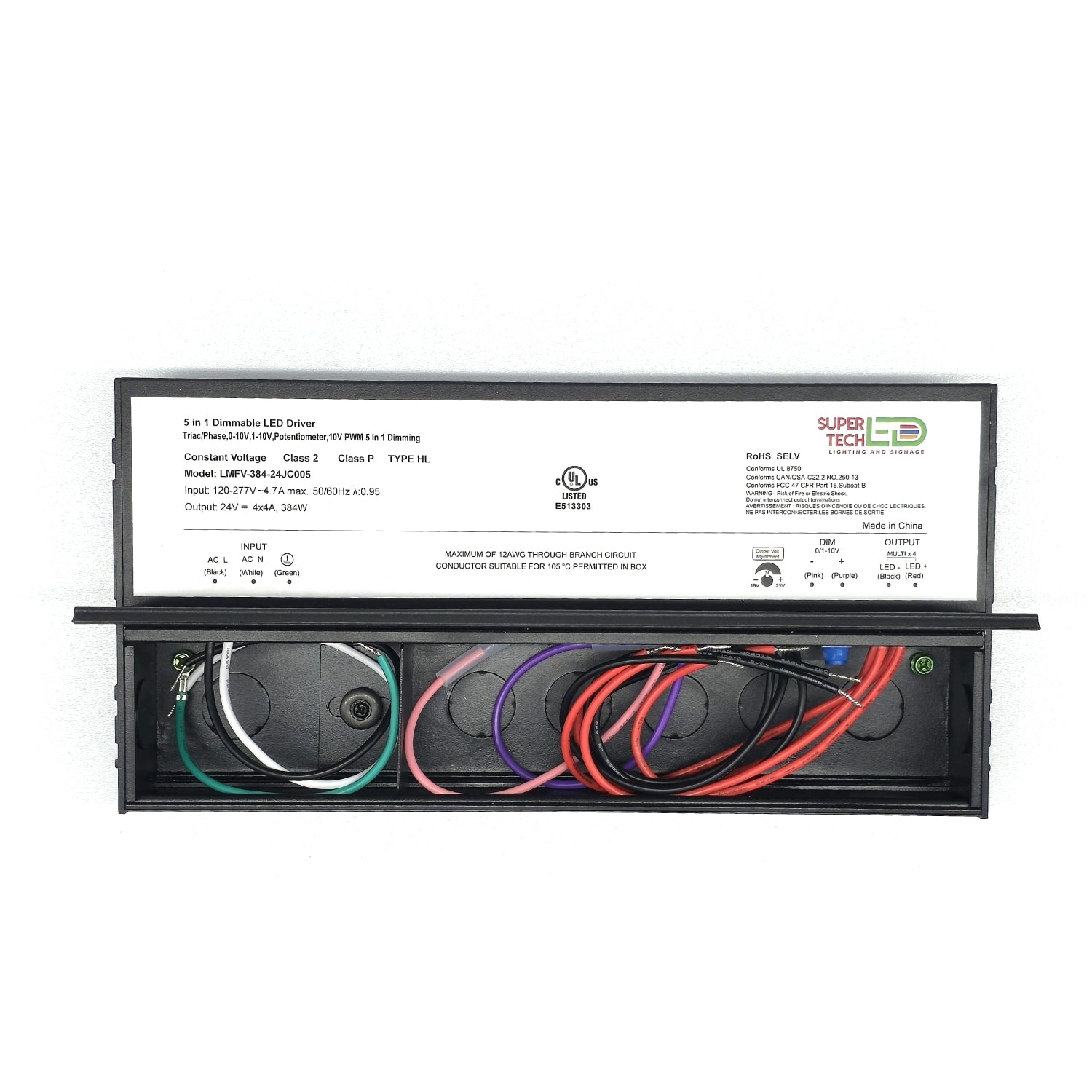 384W 24V 5-in-1 Dimmable LED Driver | Triac, 0-10V, PWM, Potentiometer | 4×4A | Class 2 | IP65 | UL Listed – LMFV-384-24JC005