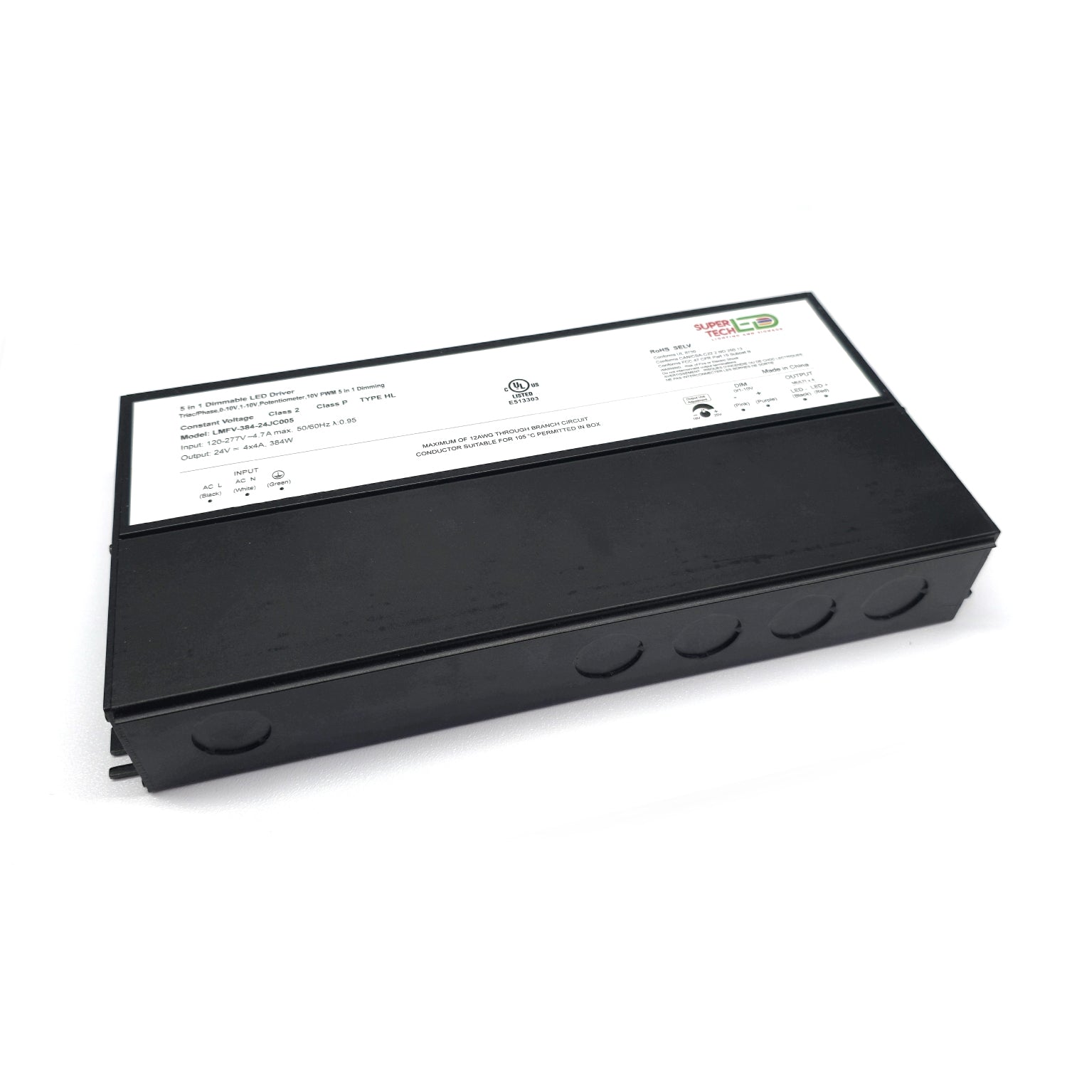 384W 24V 5-in-1 Dimmable LED Driver | Triac, 0-10V, PWM, Potentiometer | 4×4A | Class 2 | IP65 | UL Listed – LMFV-384-24JC005