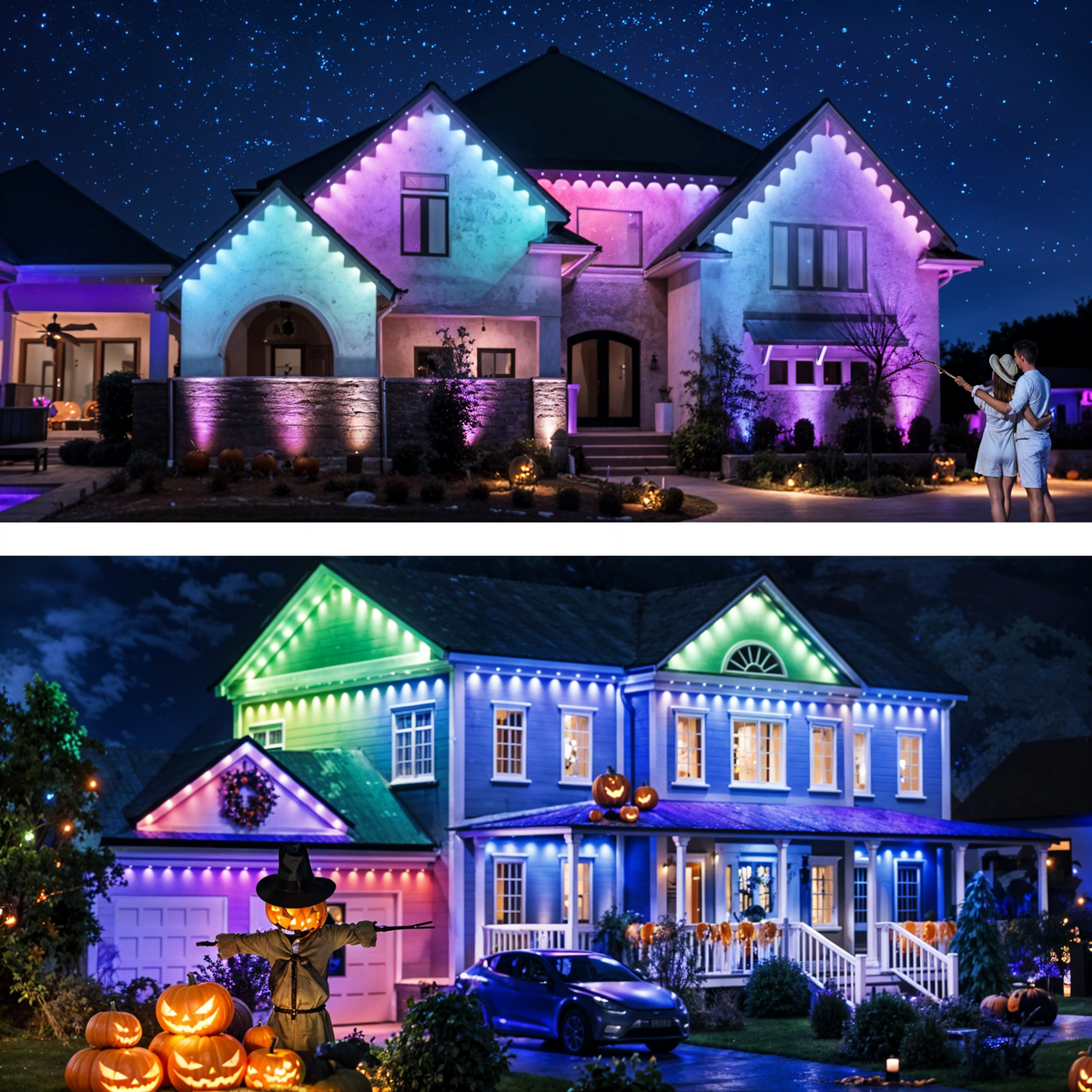 Outdoor Permanent RGB Color Changing Eaves Lights – 50ft Set with RGBIC Technology