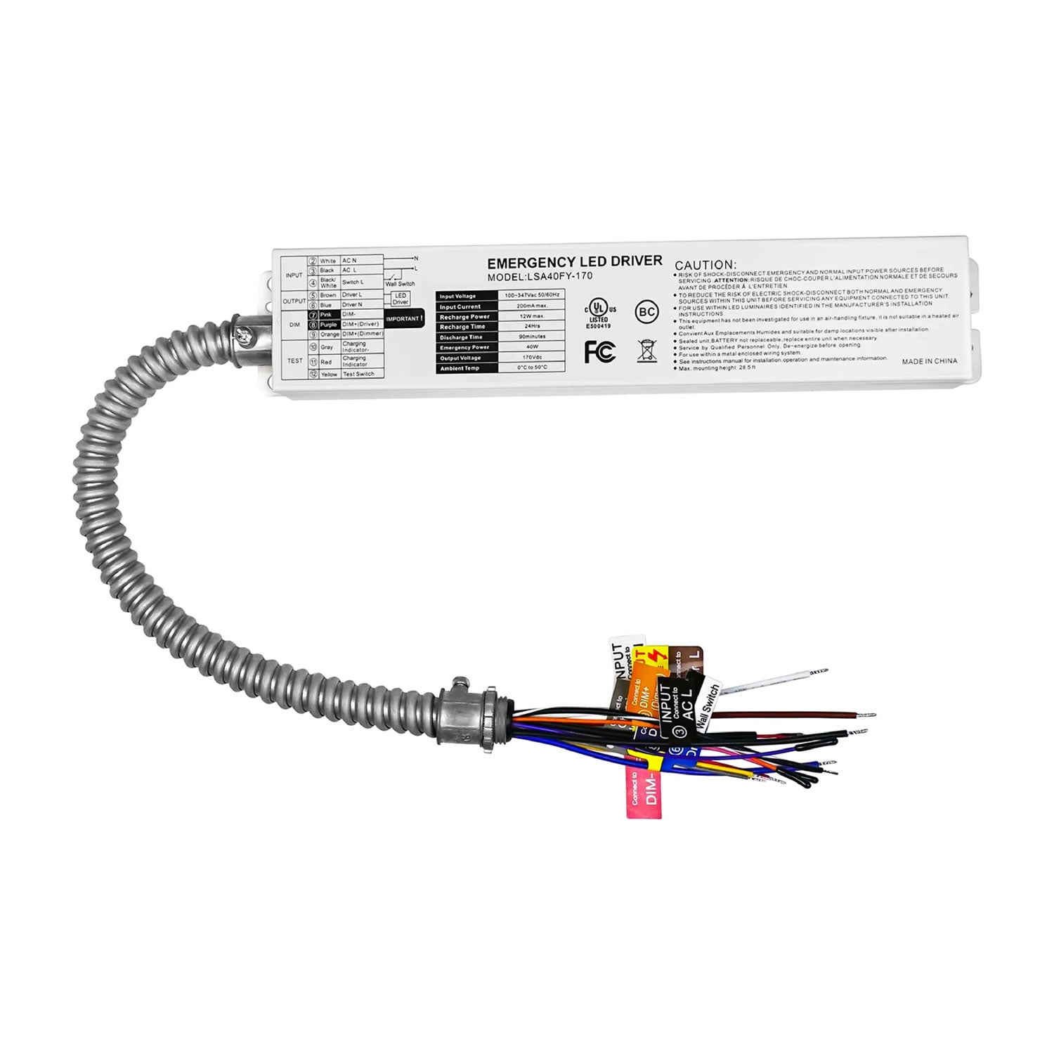 40W AC 100-347V Emergency Backup Driver40W Emergency LED Driver — 100-347VAC, 90-Min Runtime, Self-Testing, IP65, UL 924 Listed