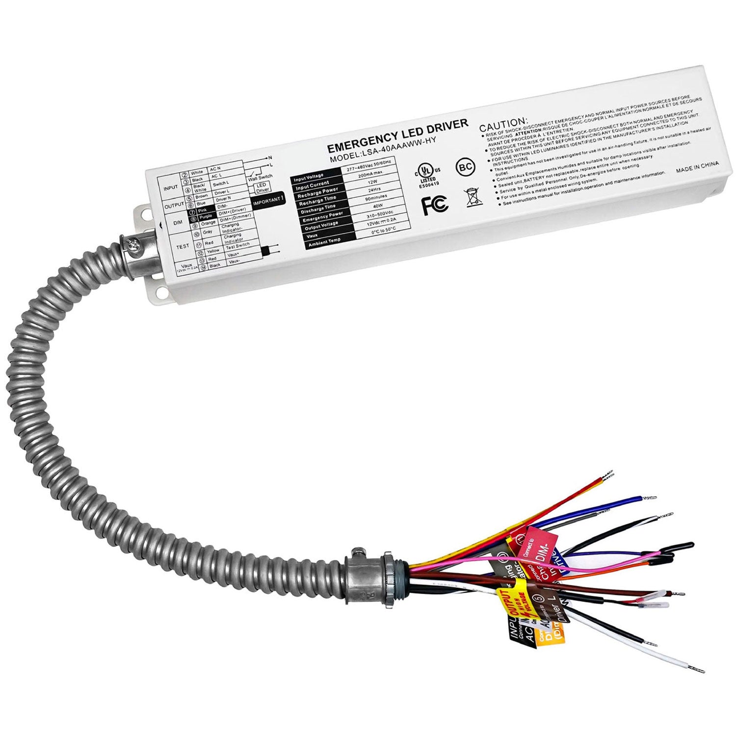 40W 480V Emergency LED Driver | 277–480VAC Battery Backup | 90-Minute Runtime | Self-Testing | IP65 | UL 924 Listed | LSA-40AAAWW-HY