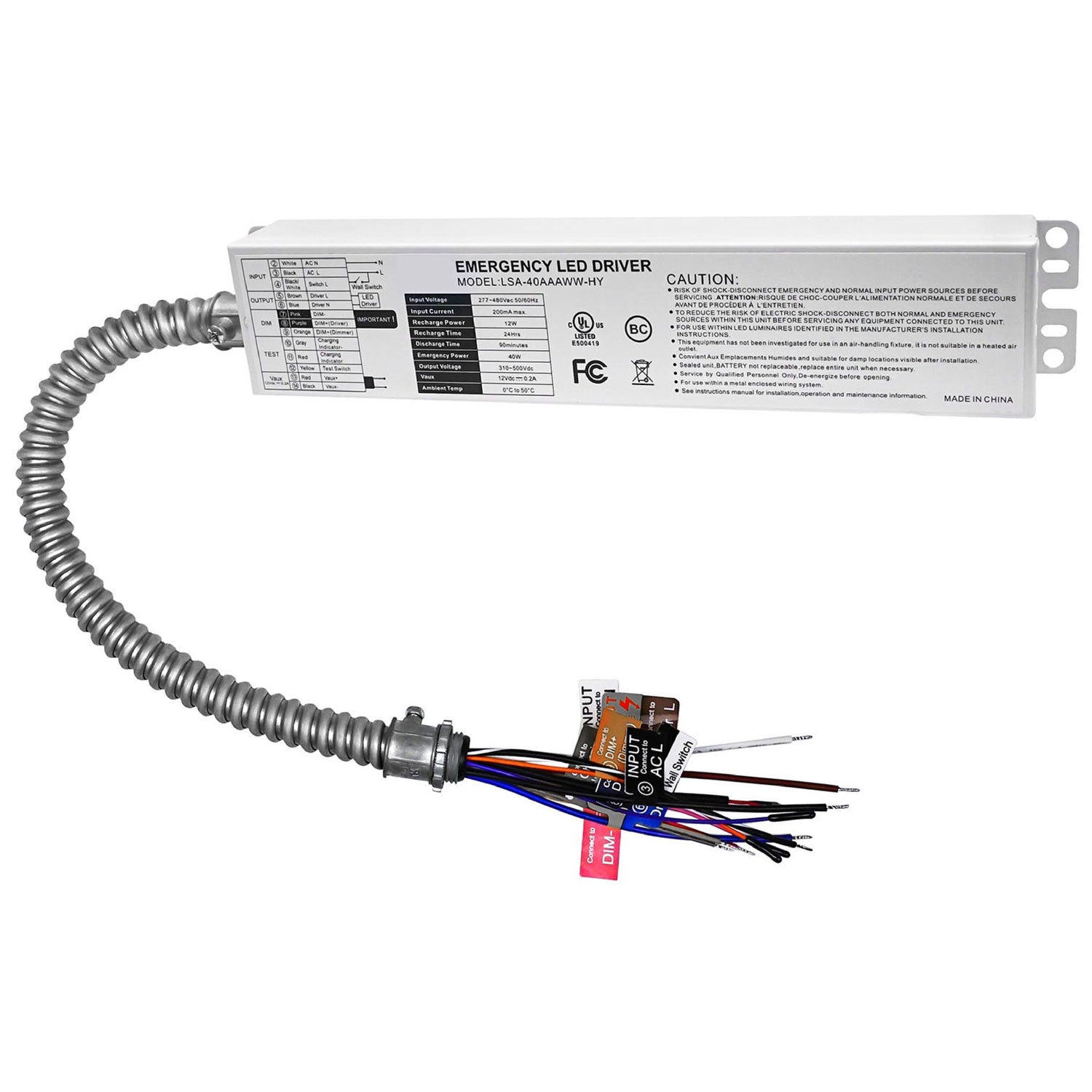 40W 480V Emergency LED Driver | 277–480VAC Battery Backup | 90-Minute Runtime | Self-Testing | IP65 | UL 924 Listed | LSA-40AAAWW-HY